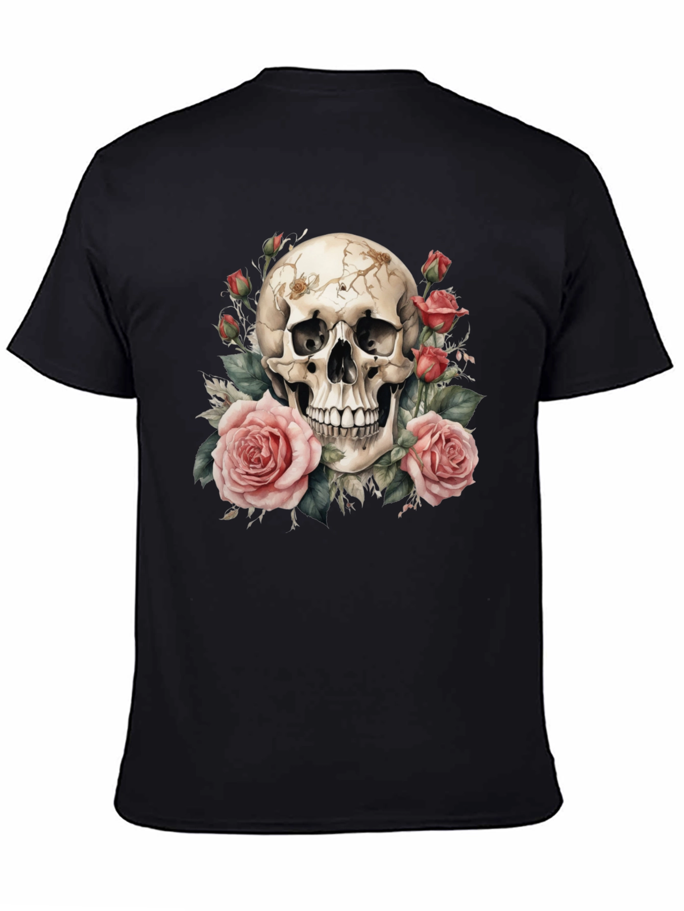 Black Skull & Roses Graphic Tee - Black Cotton T-Shirt view 4