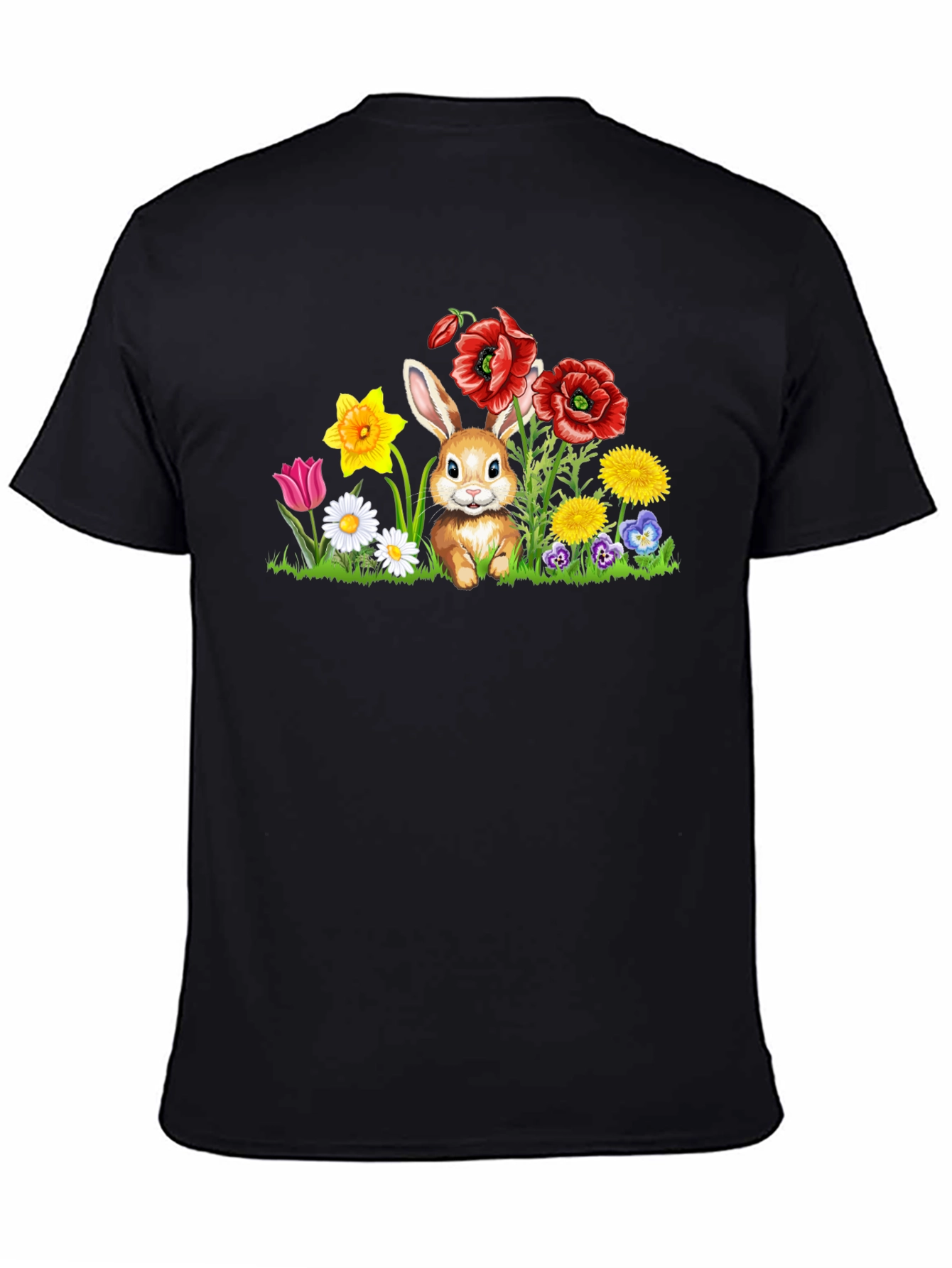 Black Cute Bunny in Flower Patch Black T-Shirt view 4