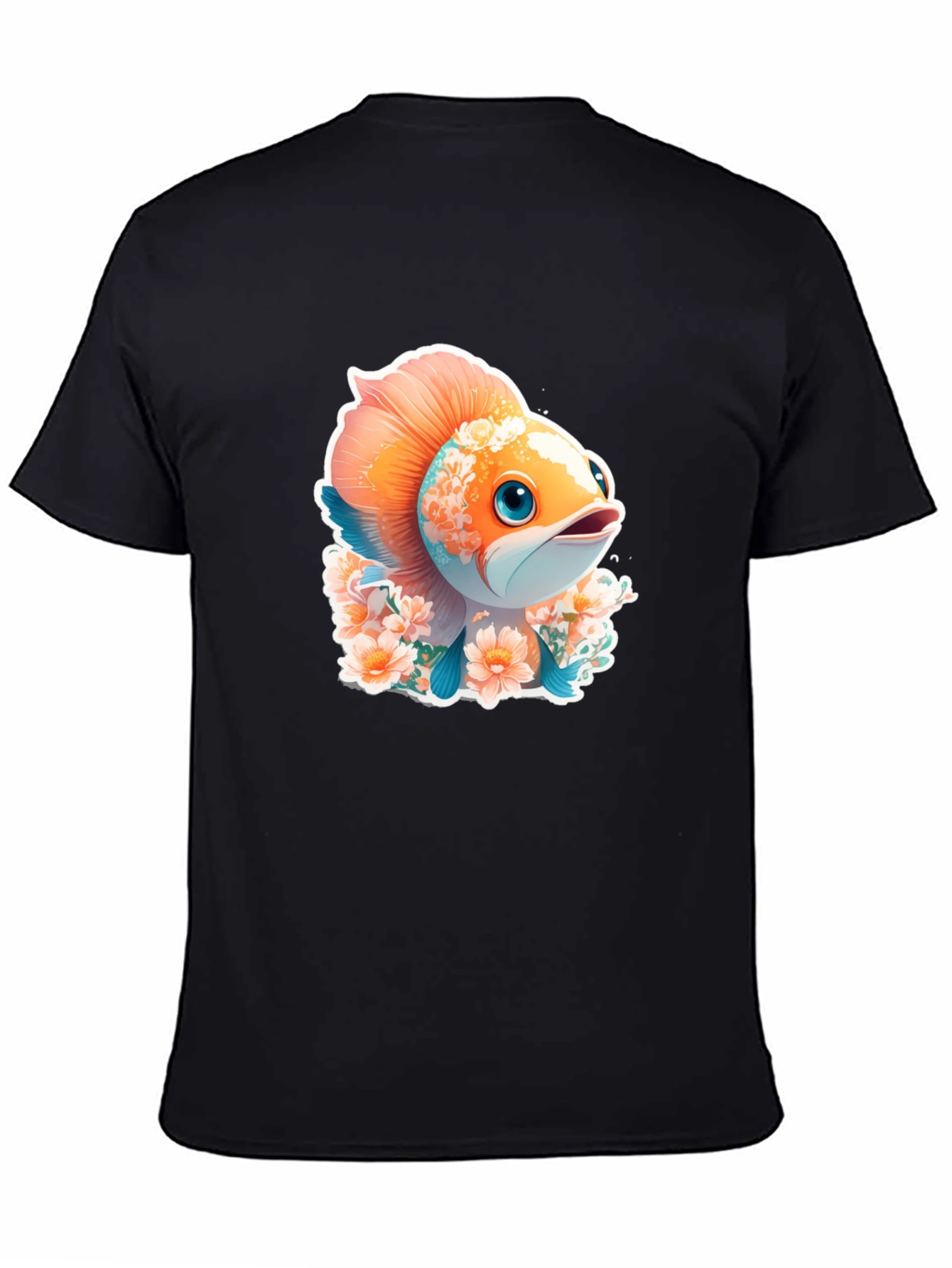 Black Cute Fish Floral Graphic Tee - Unique Design view 4