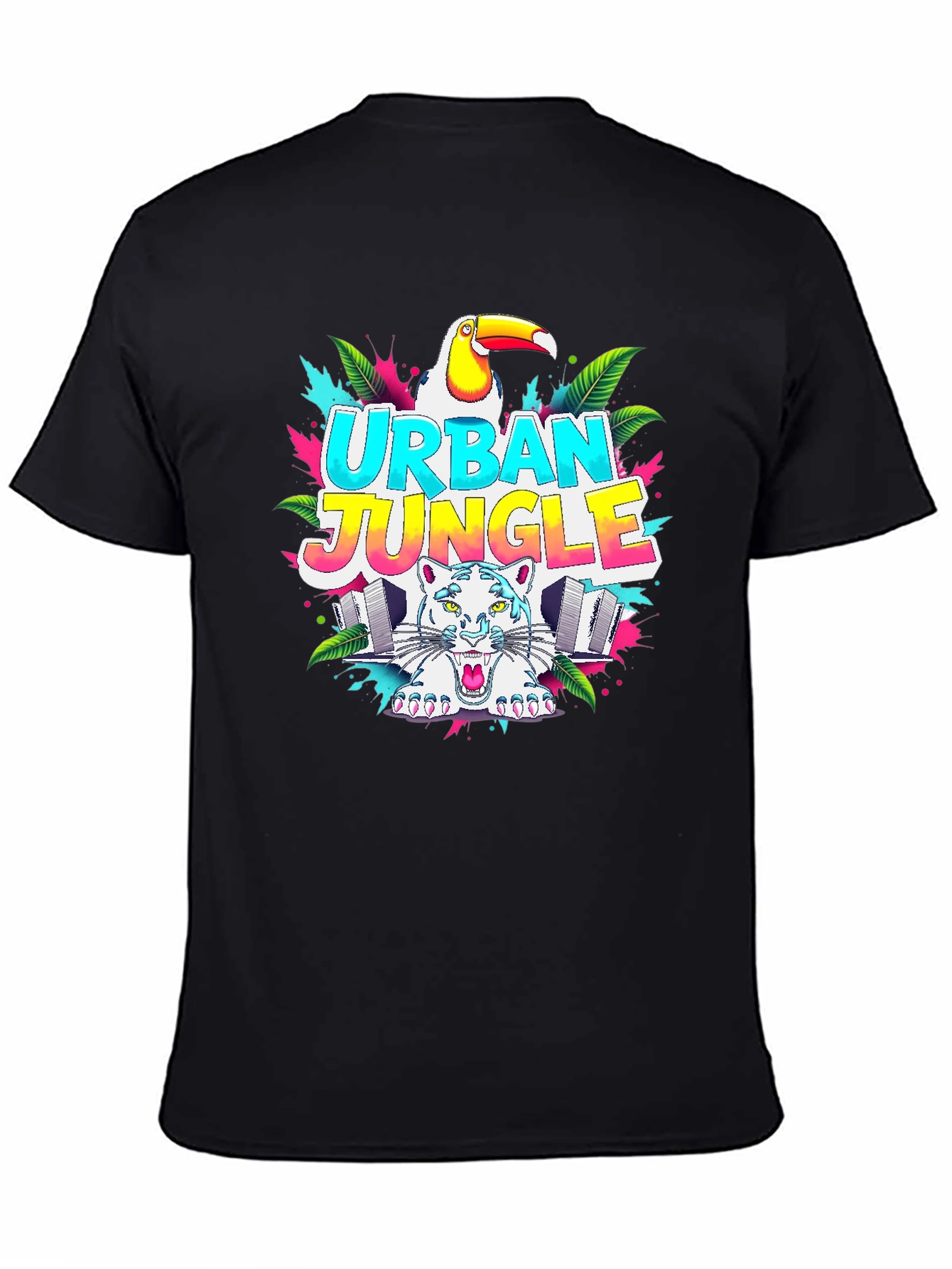 Black Urban Jungle Graphic T-Shirt - Tropical Toucan & Tiger view 4