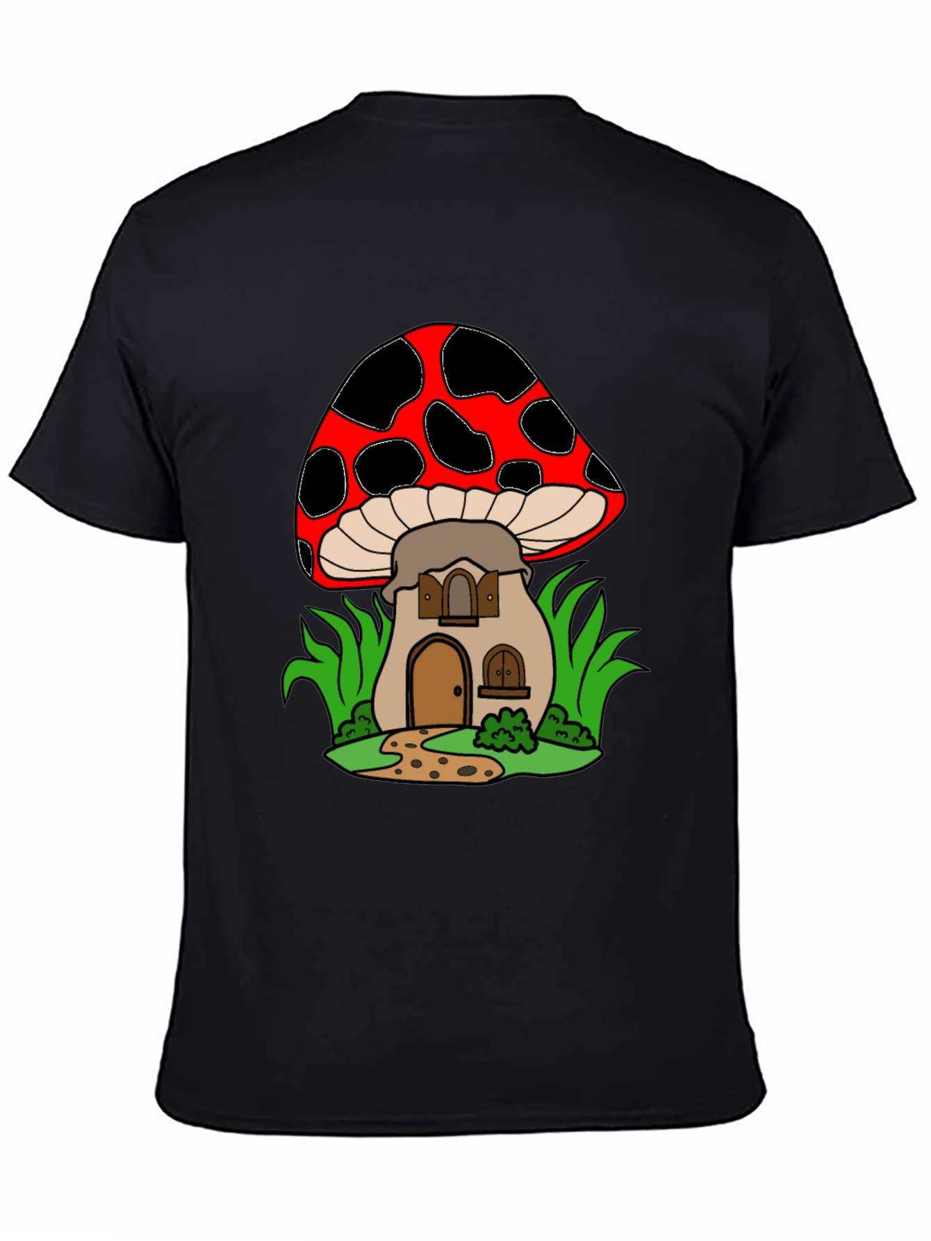 Black Mushroom House Graphic Tee - Quirky Black T-Shirt view 4