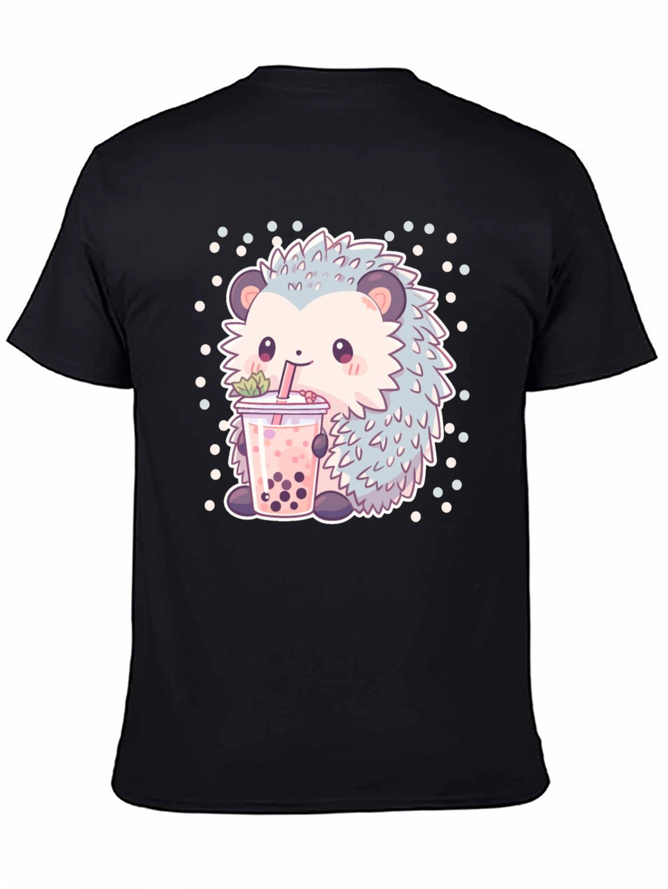 Black Cute Hedgehog Boba Tea T-Shirt view 4
