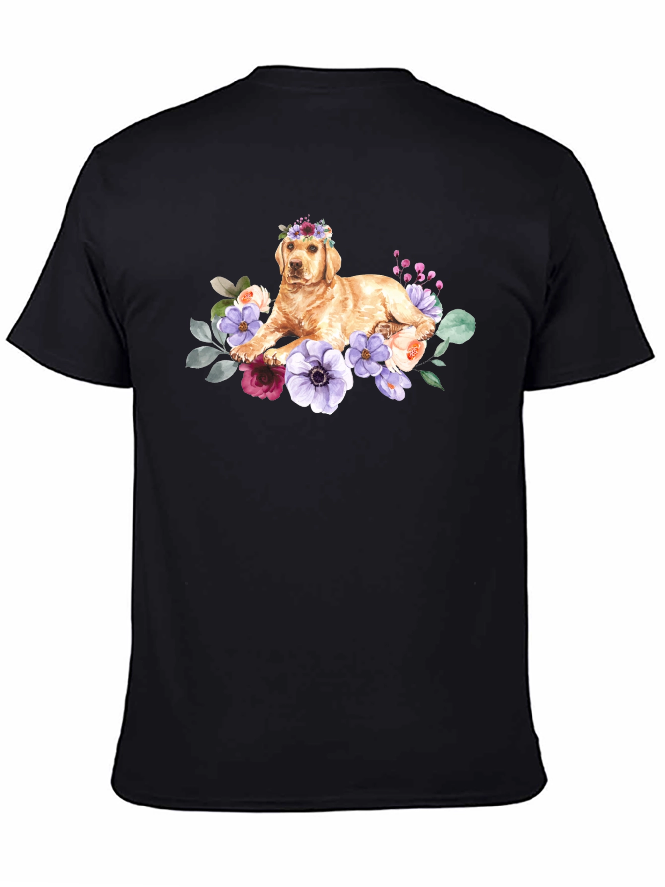 Black Golden Retriever Floral Crown T-Shirt view 4