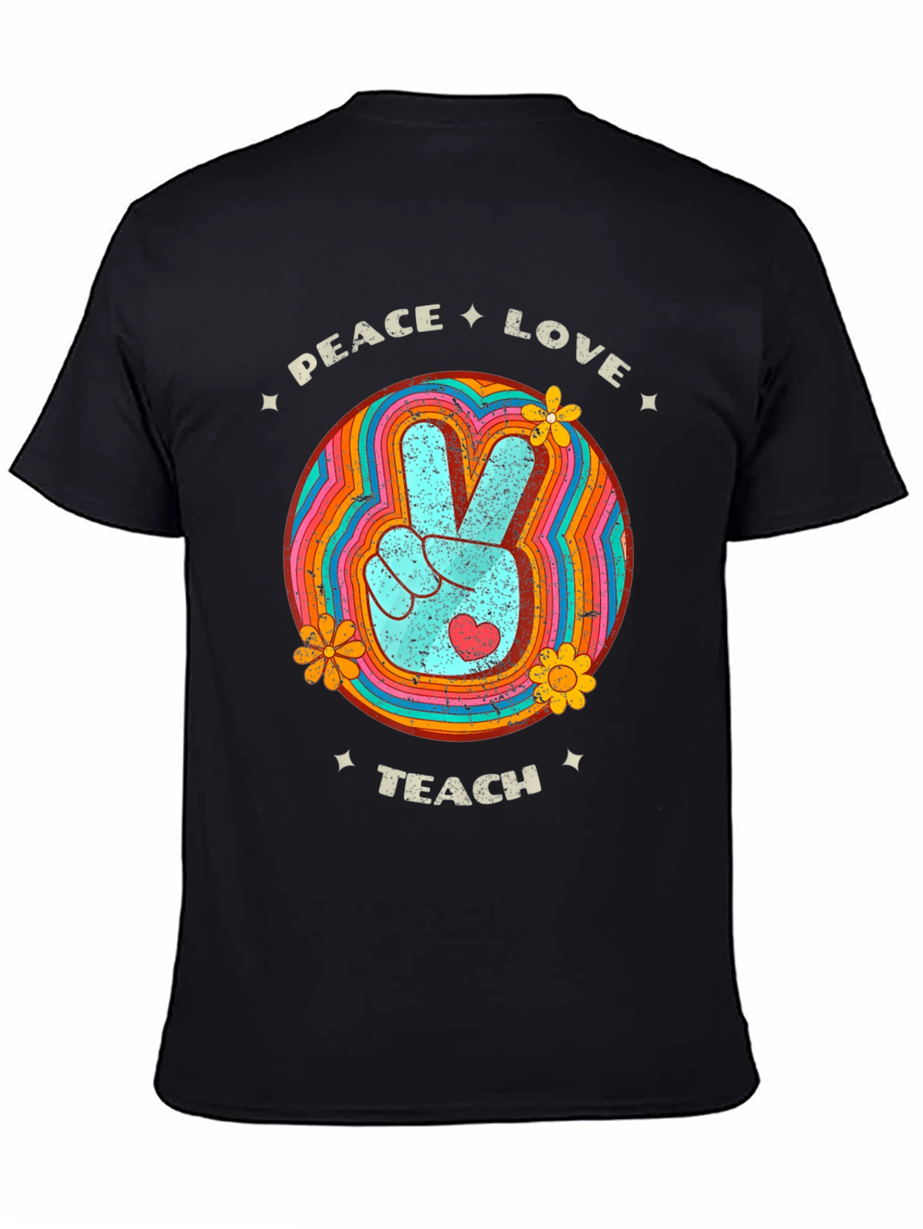 Black Peace Love Teach Retro T-Shirt view 4