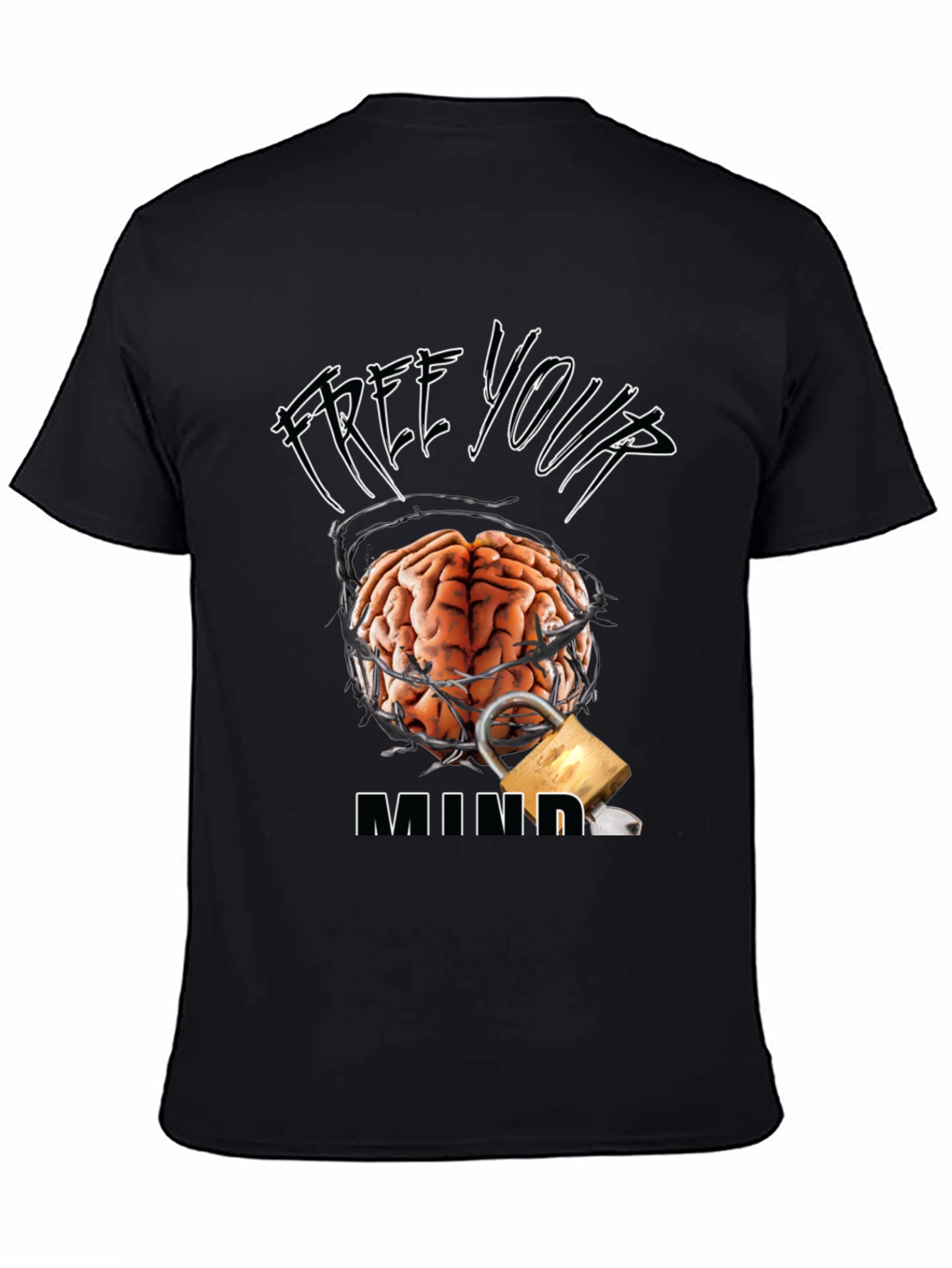 Black Free Your Mind Graphic Tee - Brain & Lock Design view 4