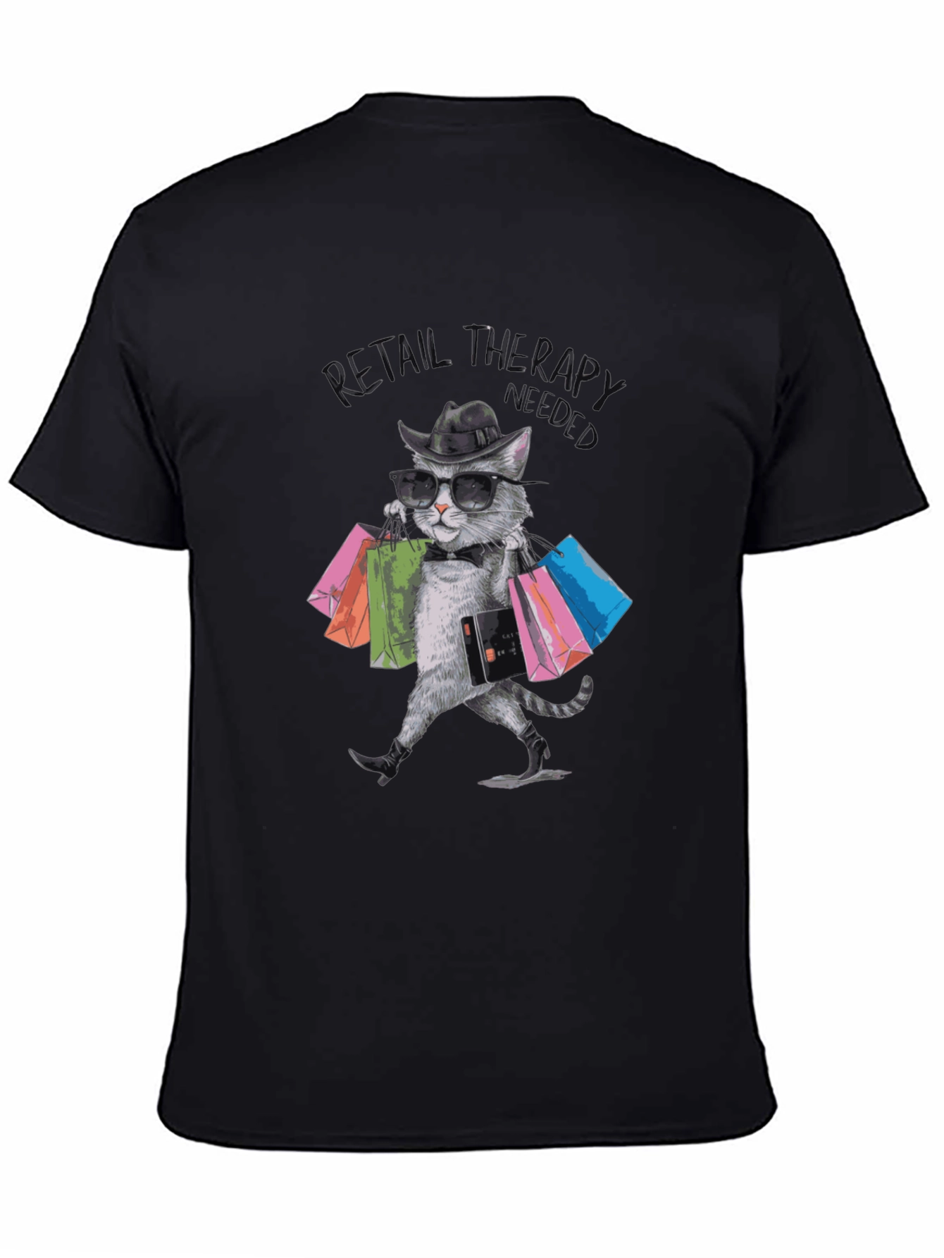 Black Retail Therapy Cat T-Shirt view 4