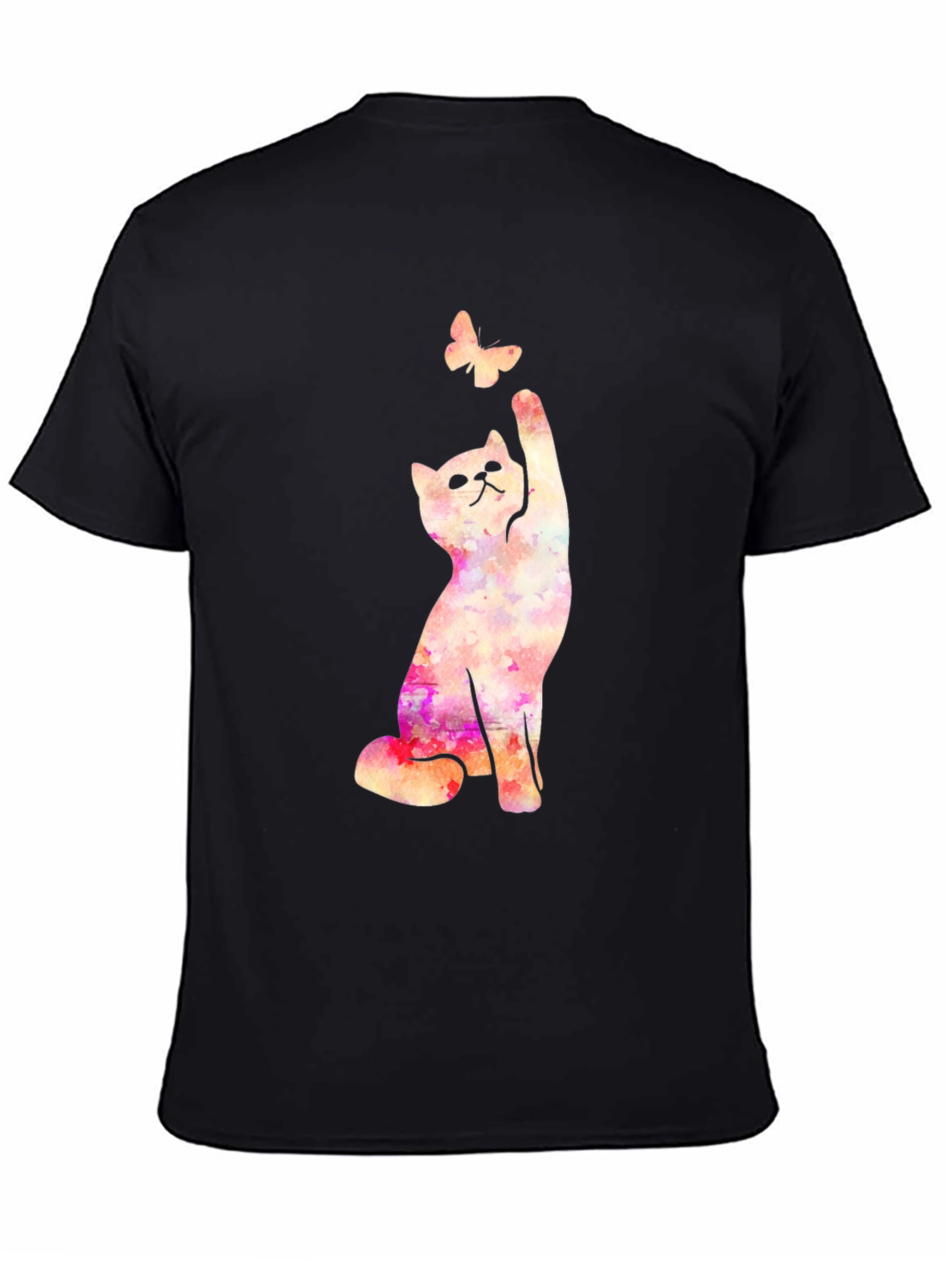 Black Cat Reaching for Butterfly Graphic Black T-Shirt view 4