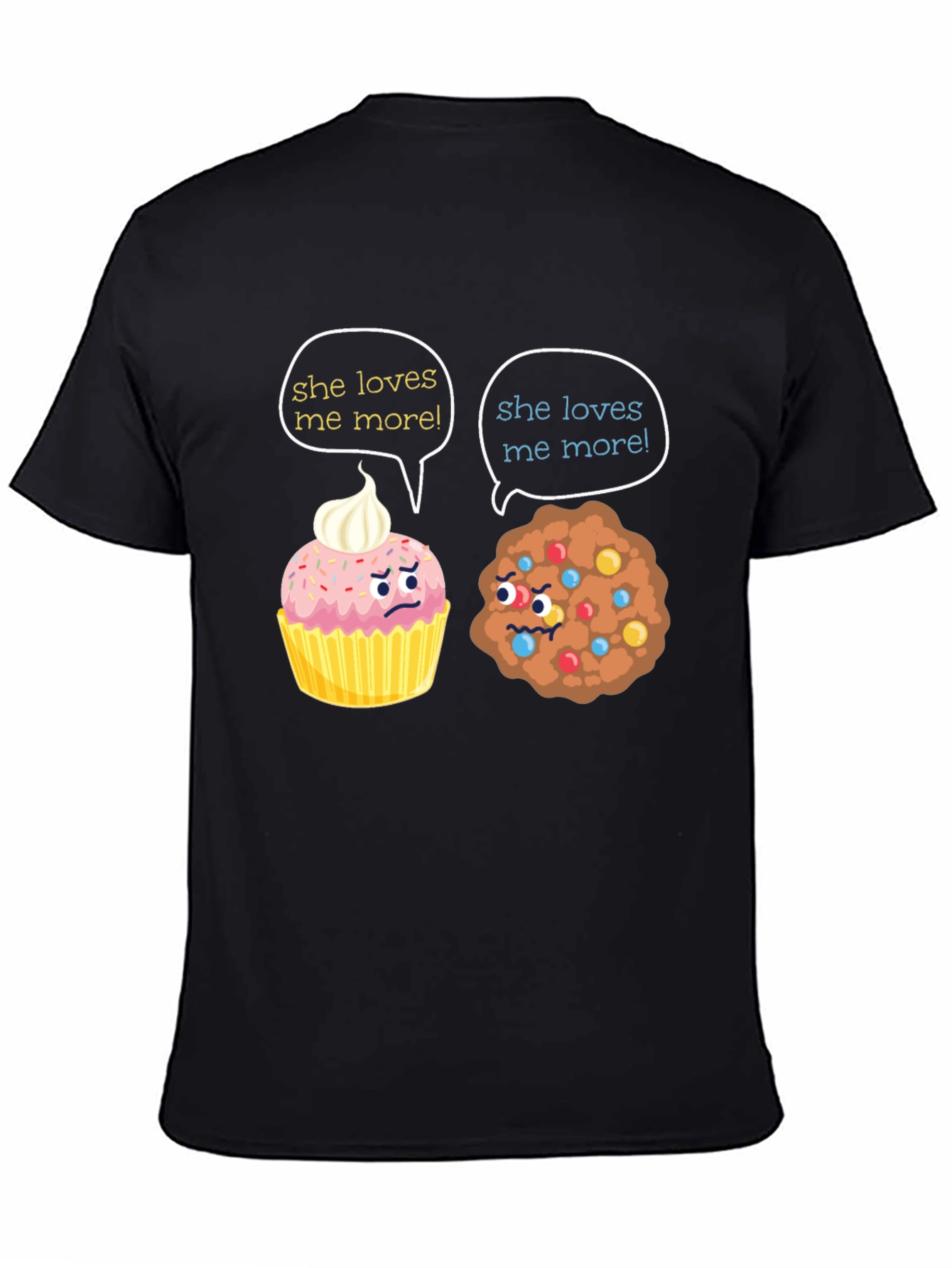 Black Funny She Loves Me More Cupcake vs Cookie T-Shirt view 4