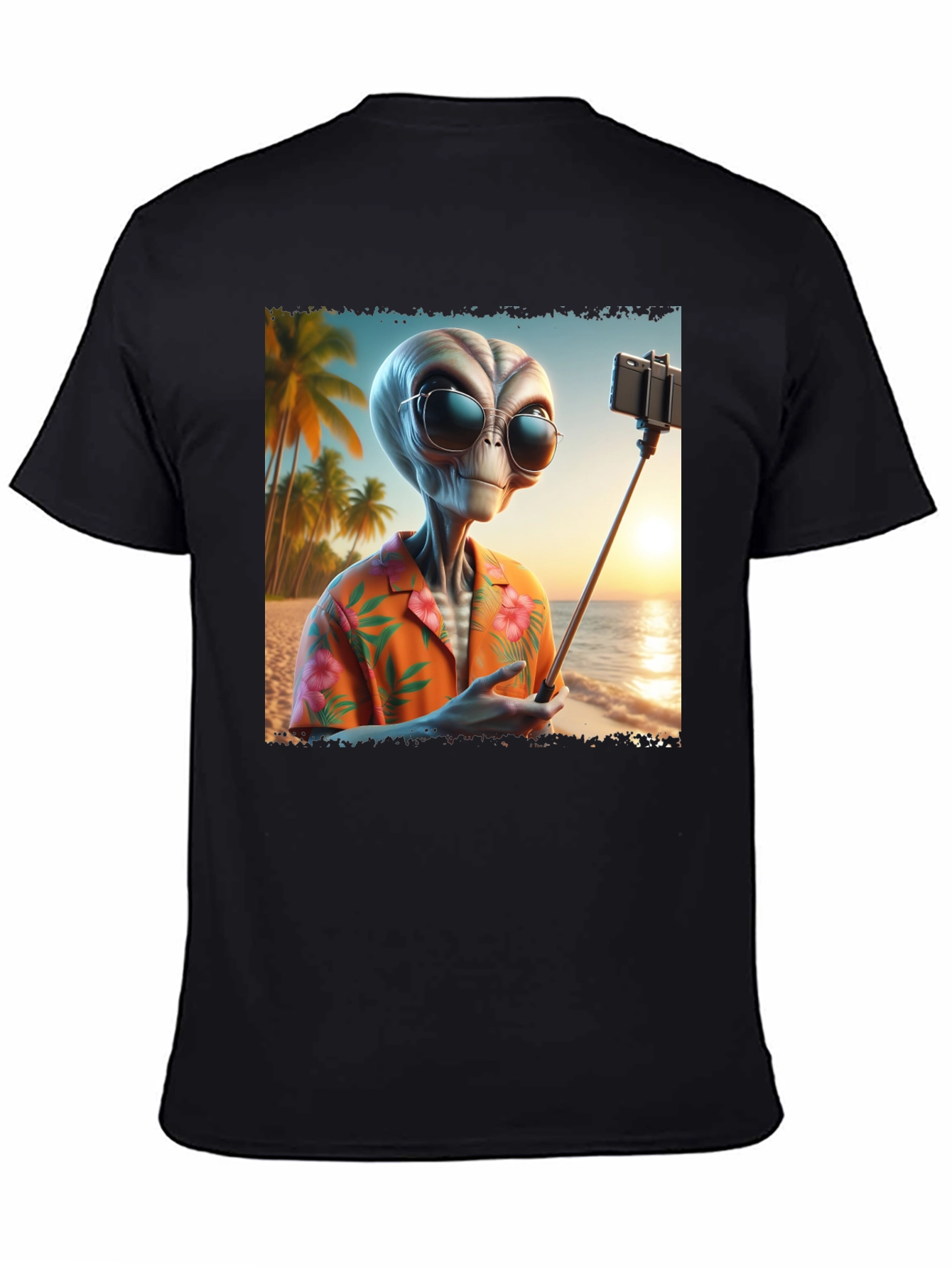 Black Alien Beach Selfie Graphic Tee - Black T-Shirt view 4