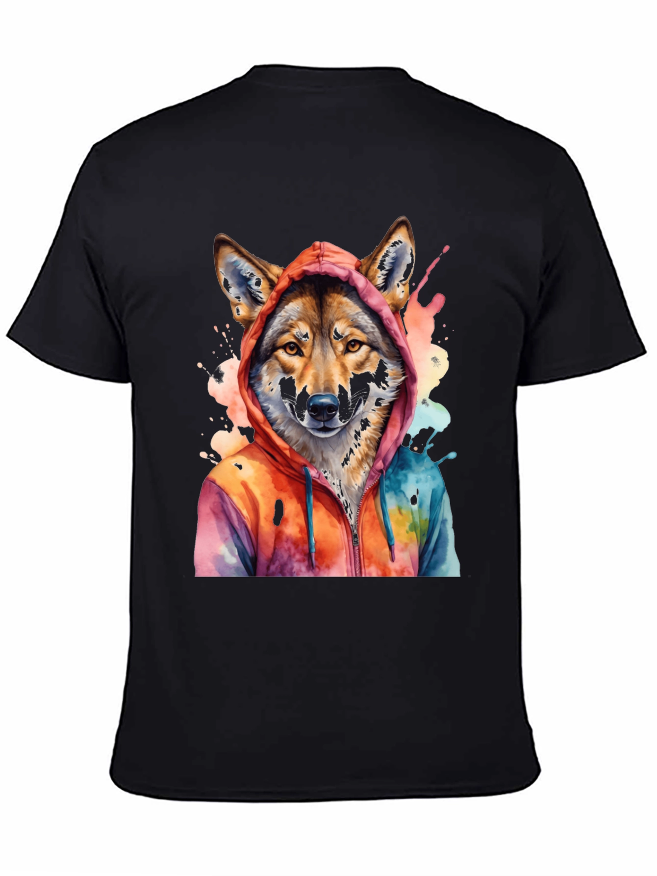 Black Watercolor Wolf Hoodie Graphic Tee view 4