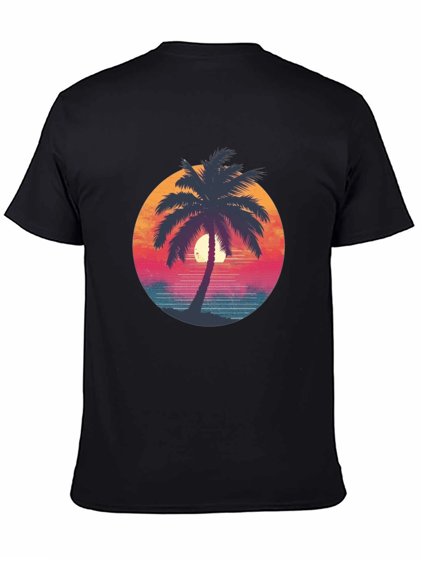 Black Retro Palm Tree Graphic Tee - Black Cotton T-Shirt view 4