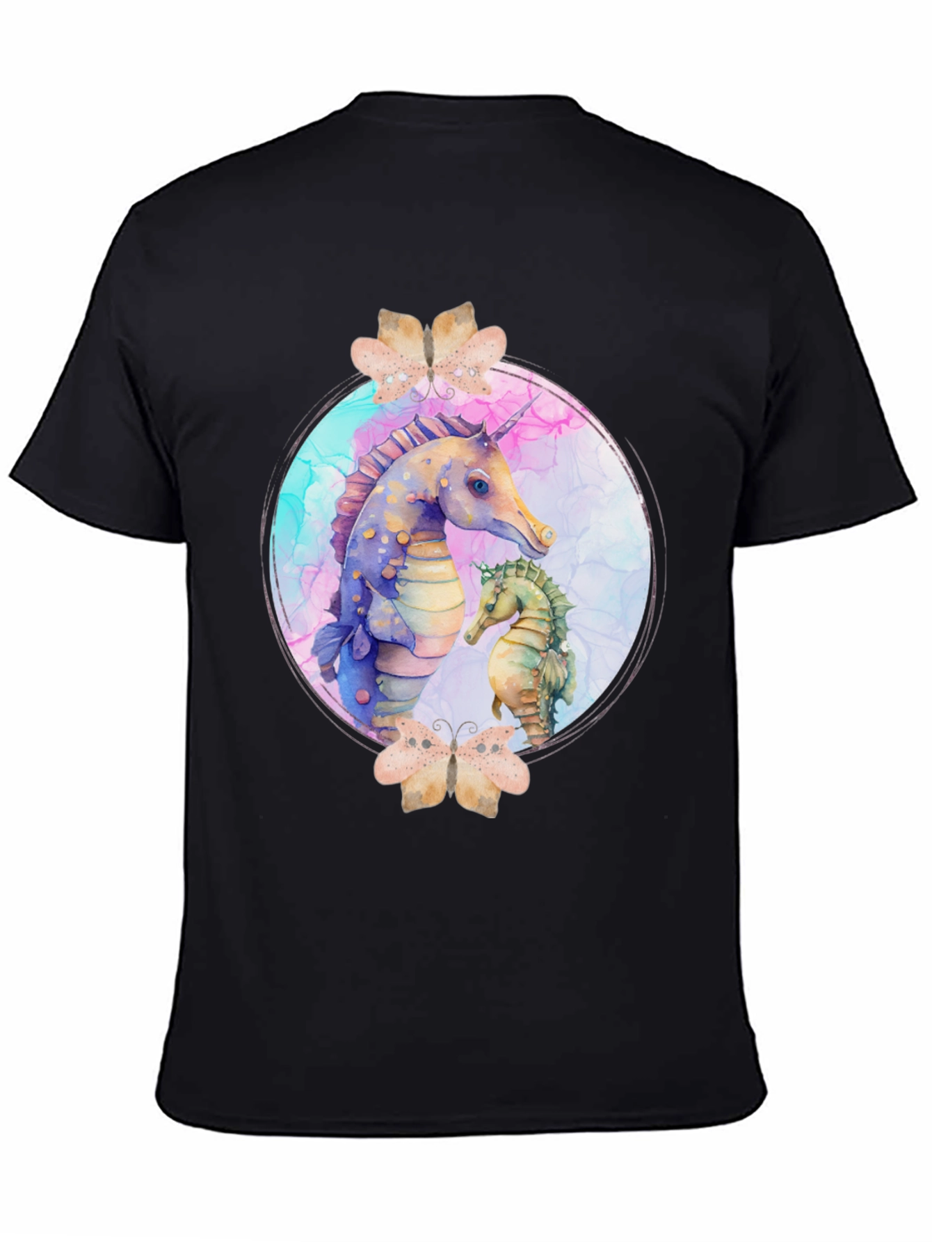 Black Watercolor Seahorse T-Shirt - Black view 4