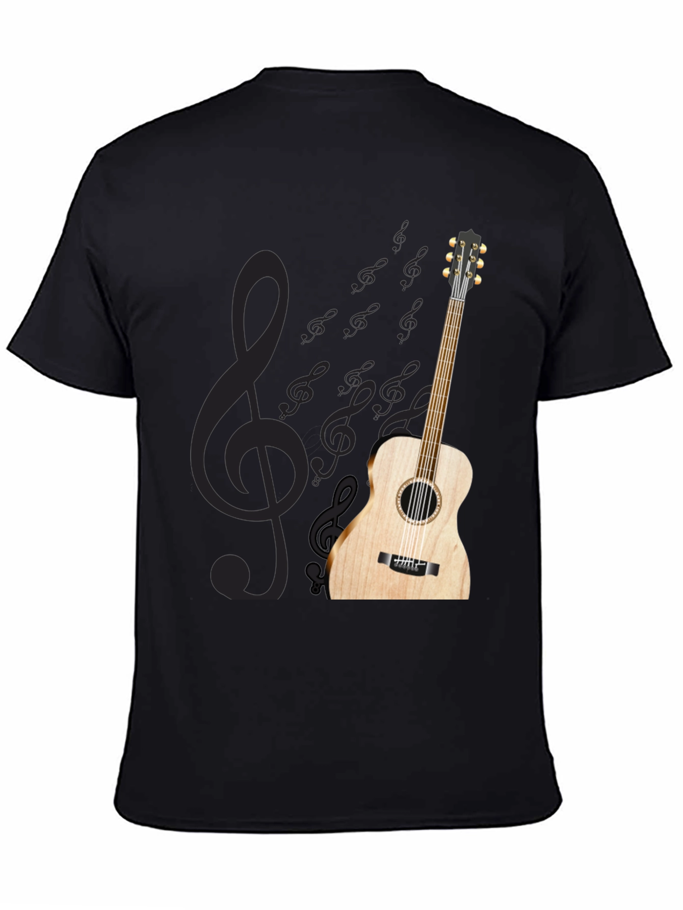 Black Acoustic Guitar Treble Clef Black T-Shirt view 4