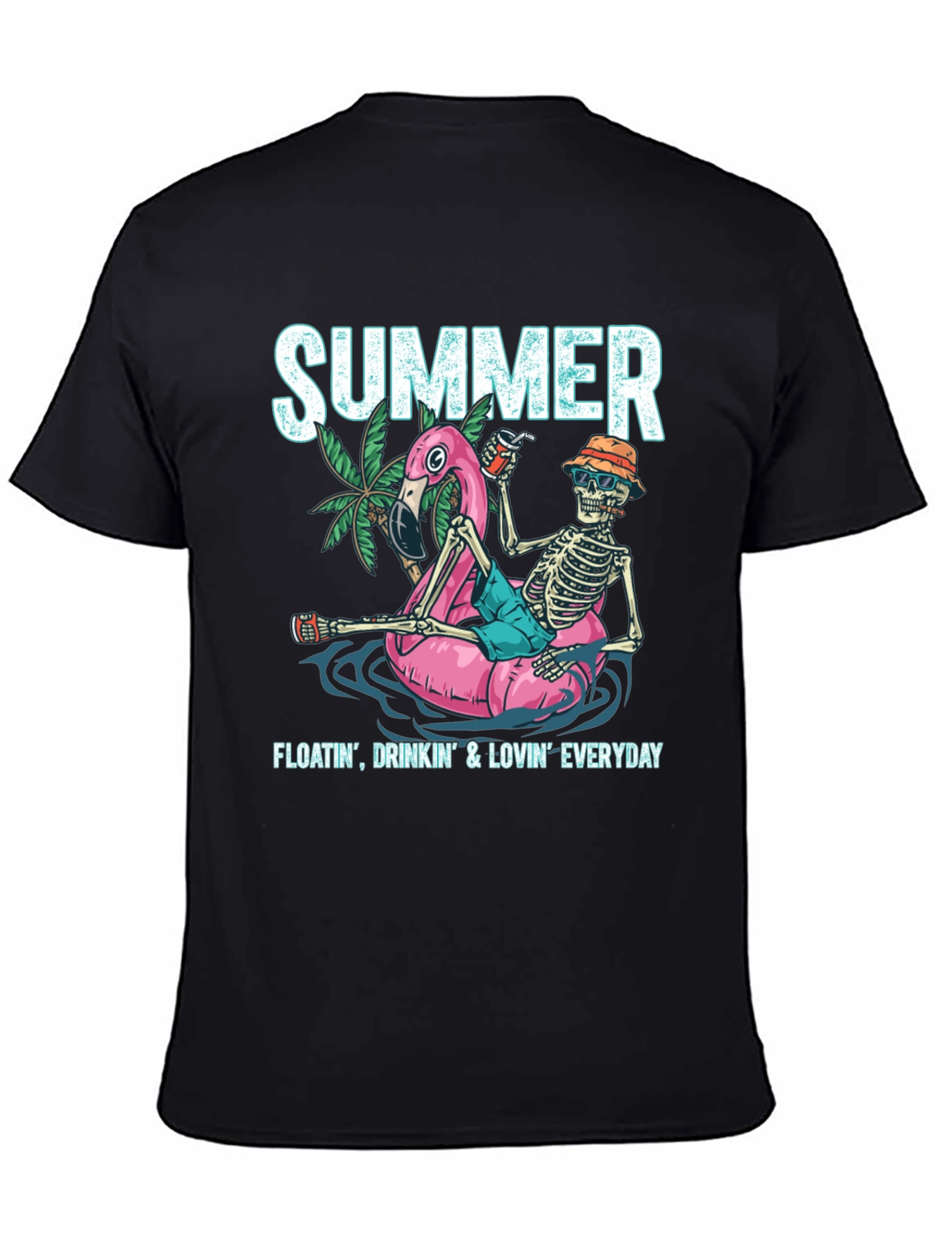 Black Summer Skeleton Flamingo Float T-Shirt view 4