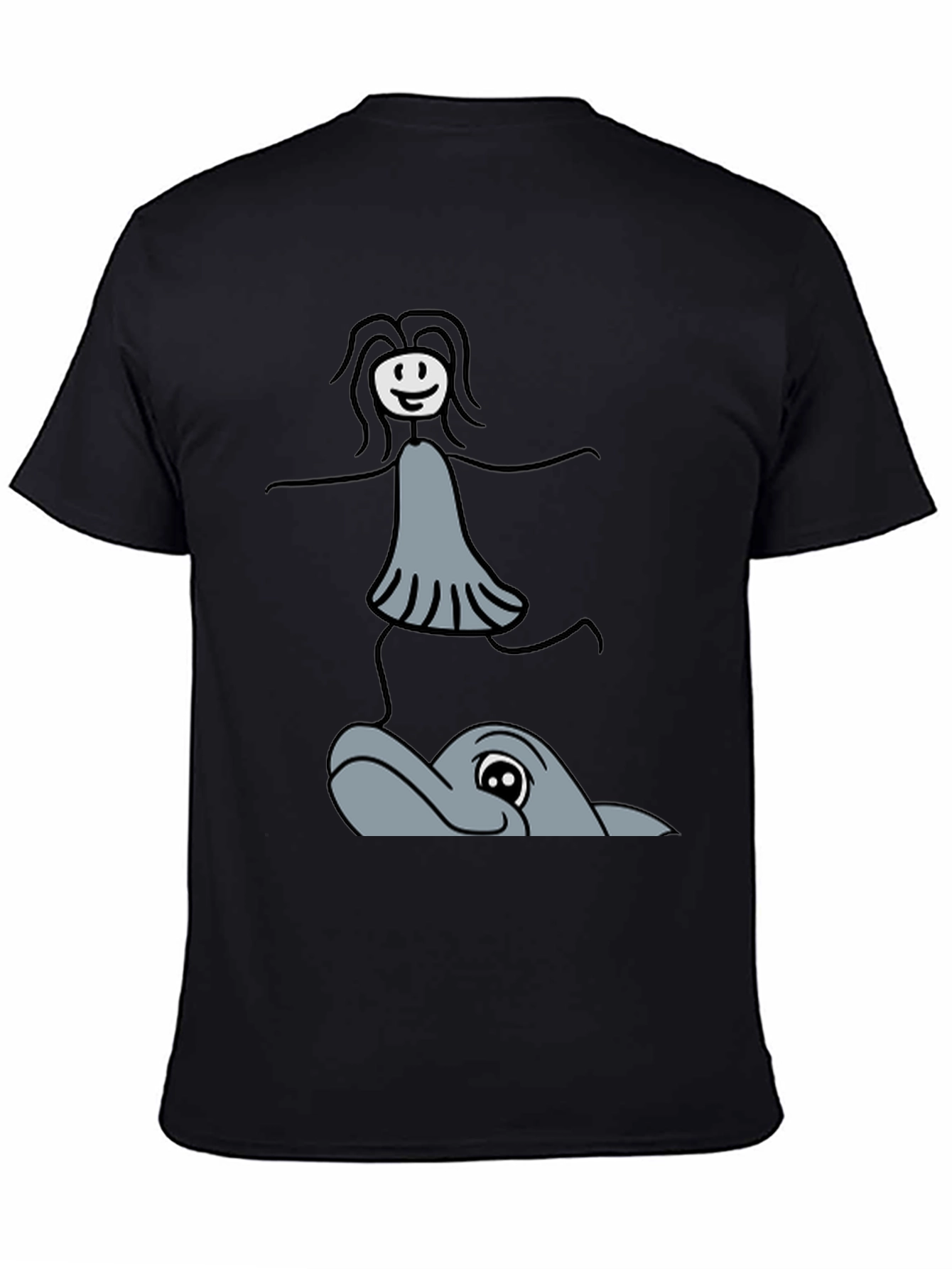 Black Whimsical Dolphin Ride T-Shirt - Unique Graphic Tee view 4