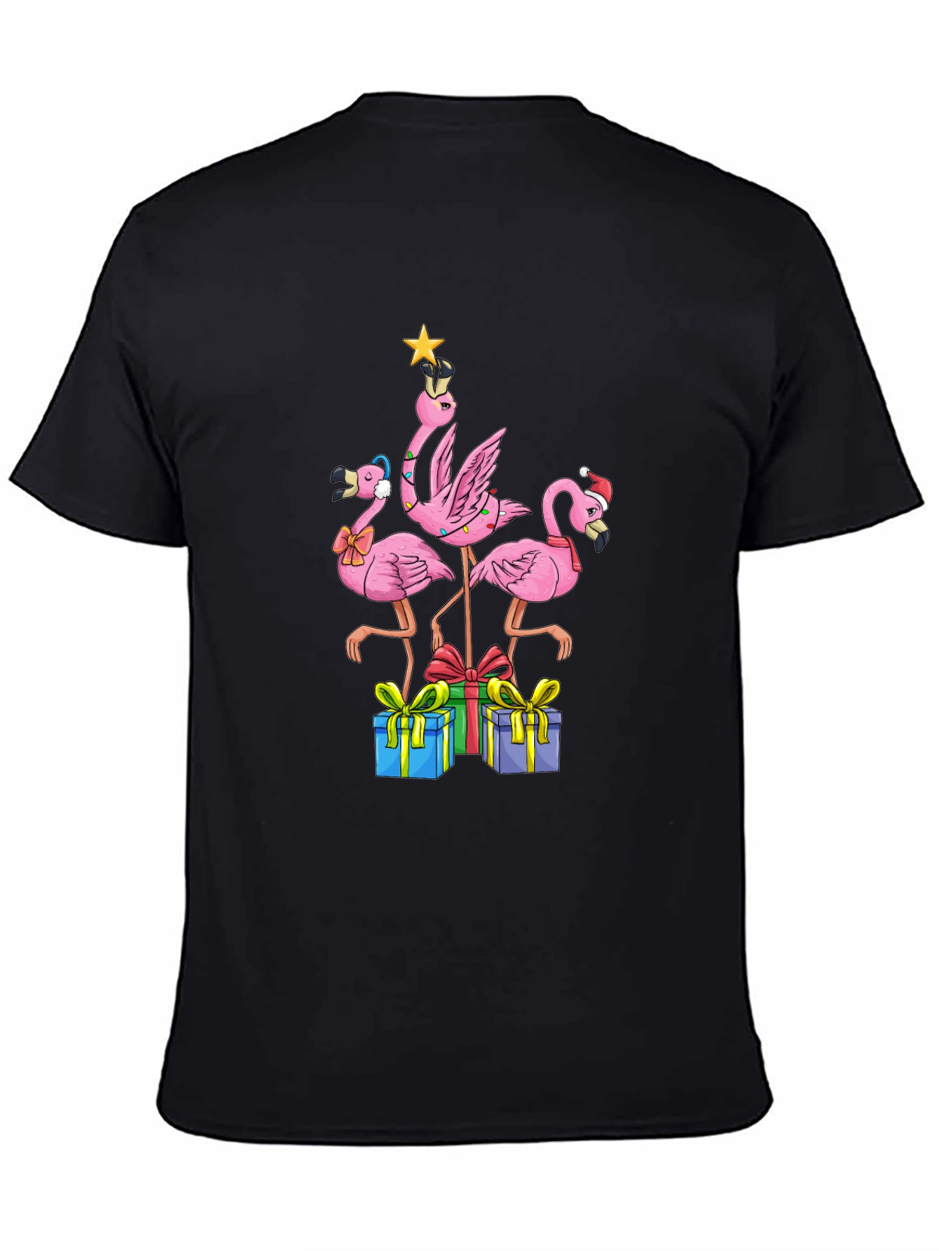 Black Festive Flamingo Christmas T-Shirt view 4
