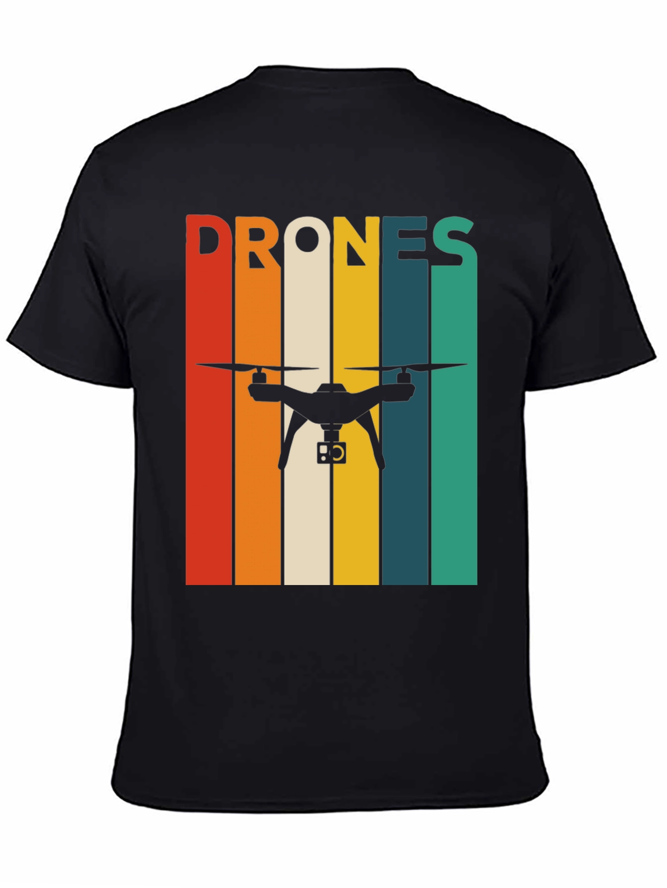 Black Retro Drone T-Shirt - Vintage Stripes Tee view 4