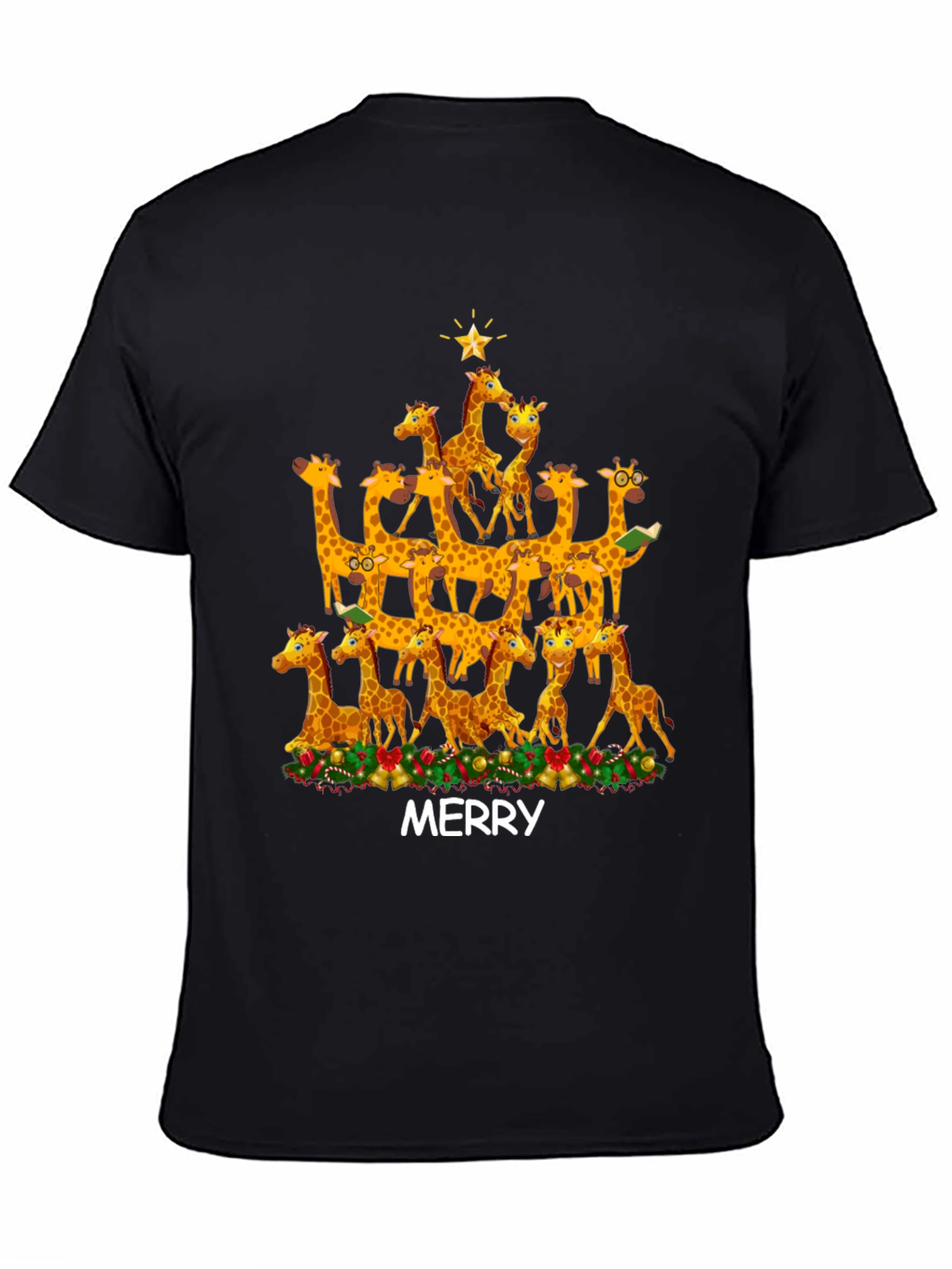 Black Merry Giraffe Christmas Tree T-Shirt view 4