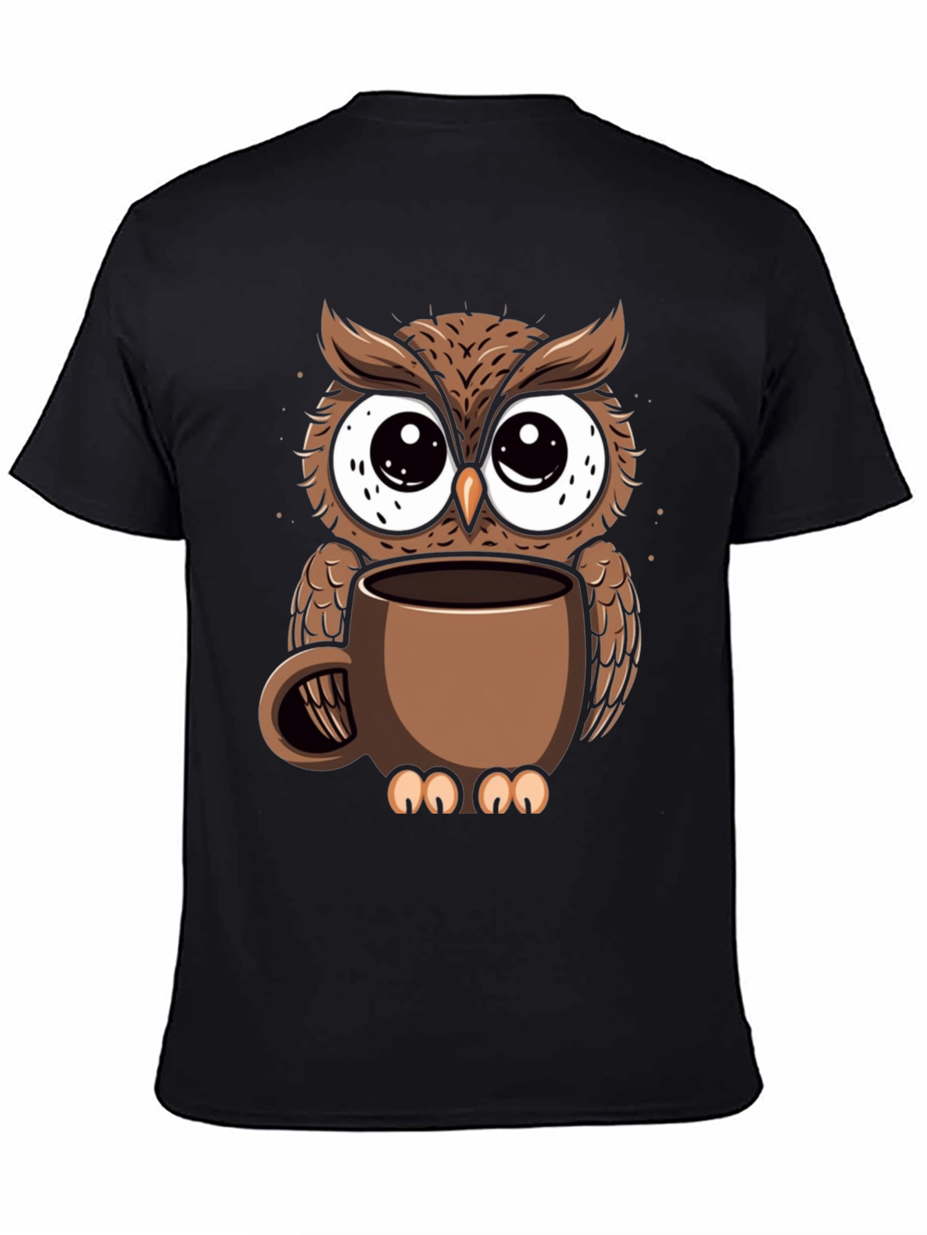 Black Owl Coffee Cup T-Shirt - Whimsical Bird Lover Tee view 4