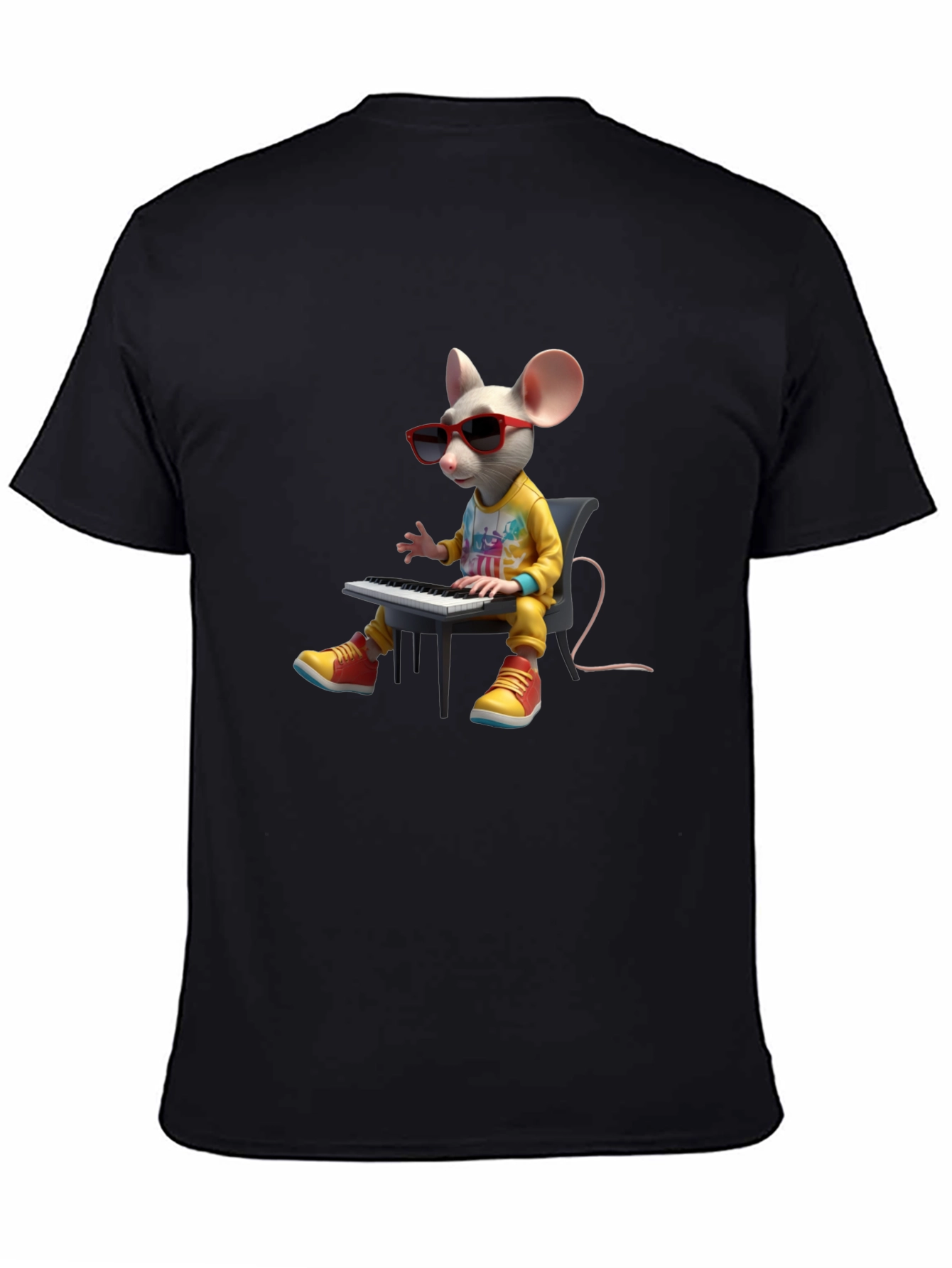 Black Cool Mouse Playing Piano Black T-Shirt view 4