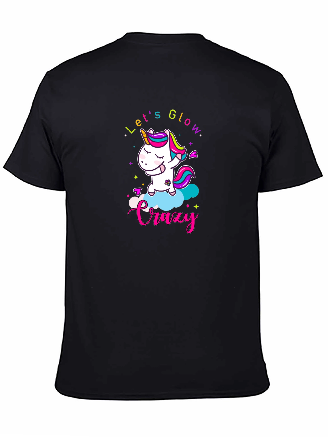 Black Let's Glow Crazy Unicorn Black T-Shirt view 4