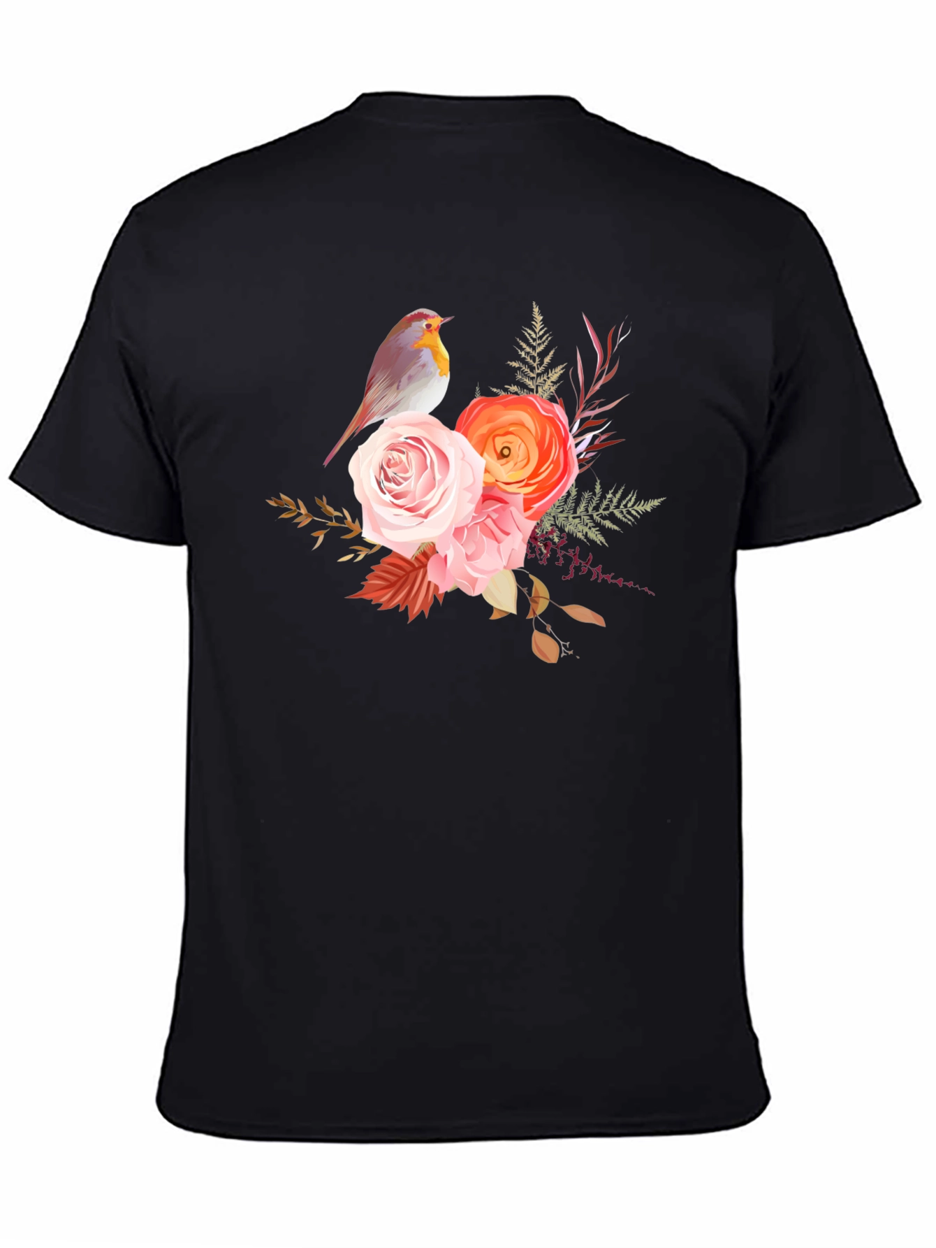 Black Floral Bird Graphic Tee - Soft Black Cotton Casual Wear view 4