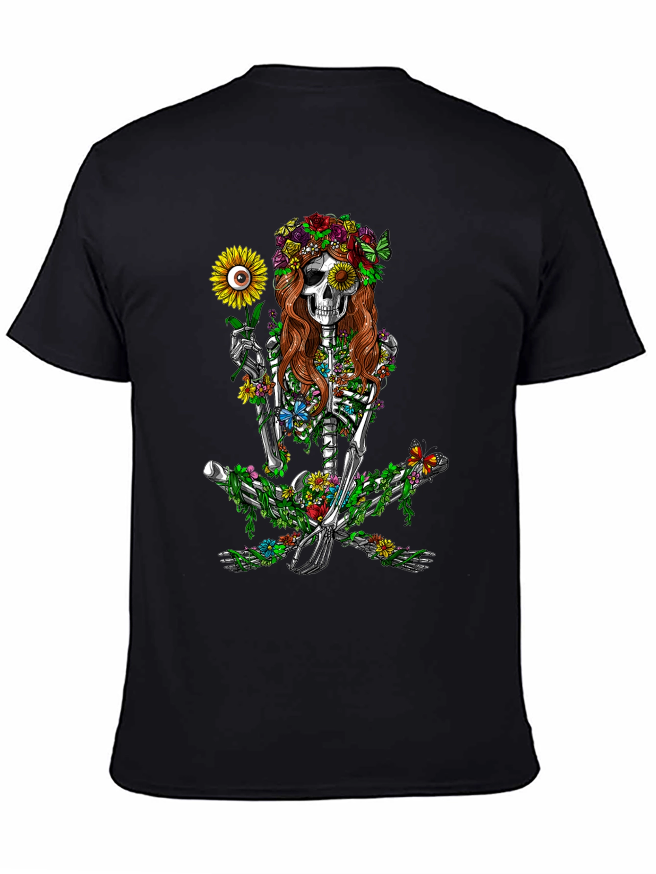 Black Floral Skeleton Graphic T-Shirt - Unisex Black Tee view 4