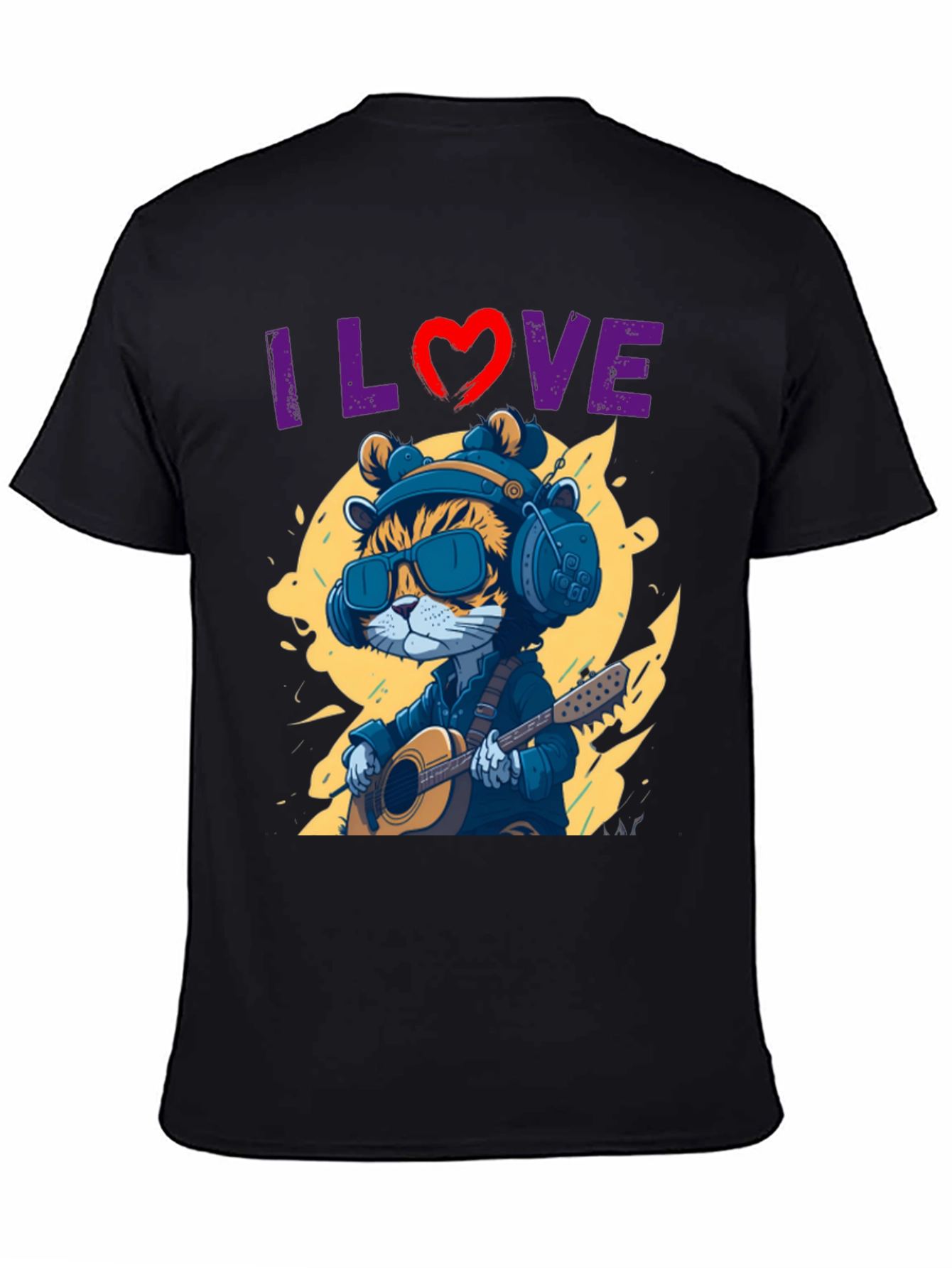 Black I Love Music Cat T-Shirt view 4