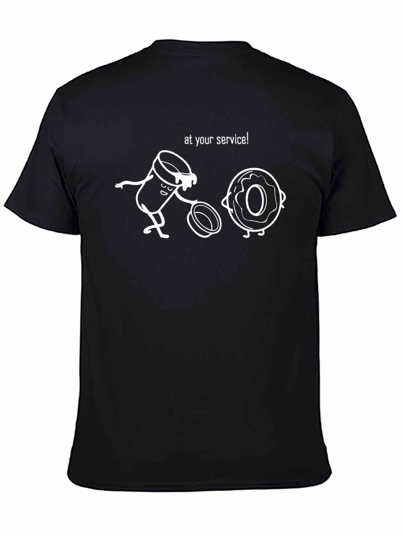 Black Coffee and Donut Cartoon T-Shirt - At Your Service! view 4