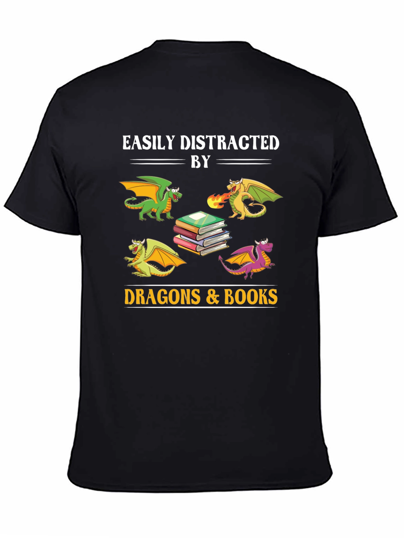 Black Easily Distracted by Dragons and Books T-Shirt view 4