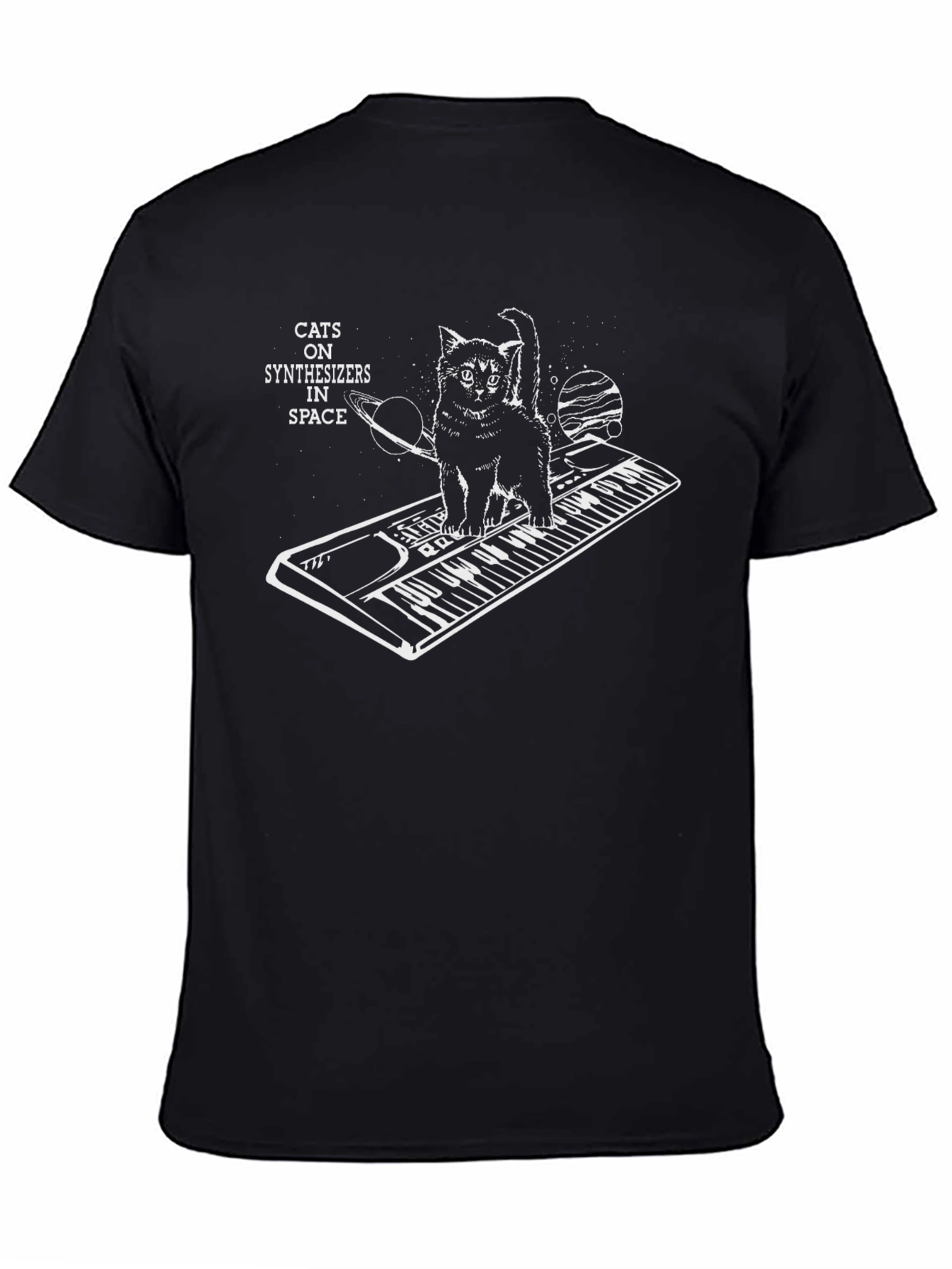 Black Cats on Synthesizers in Space Graphic T-Shirt view 4