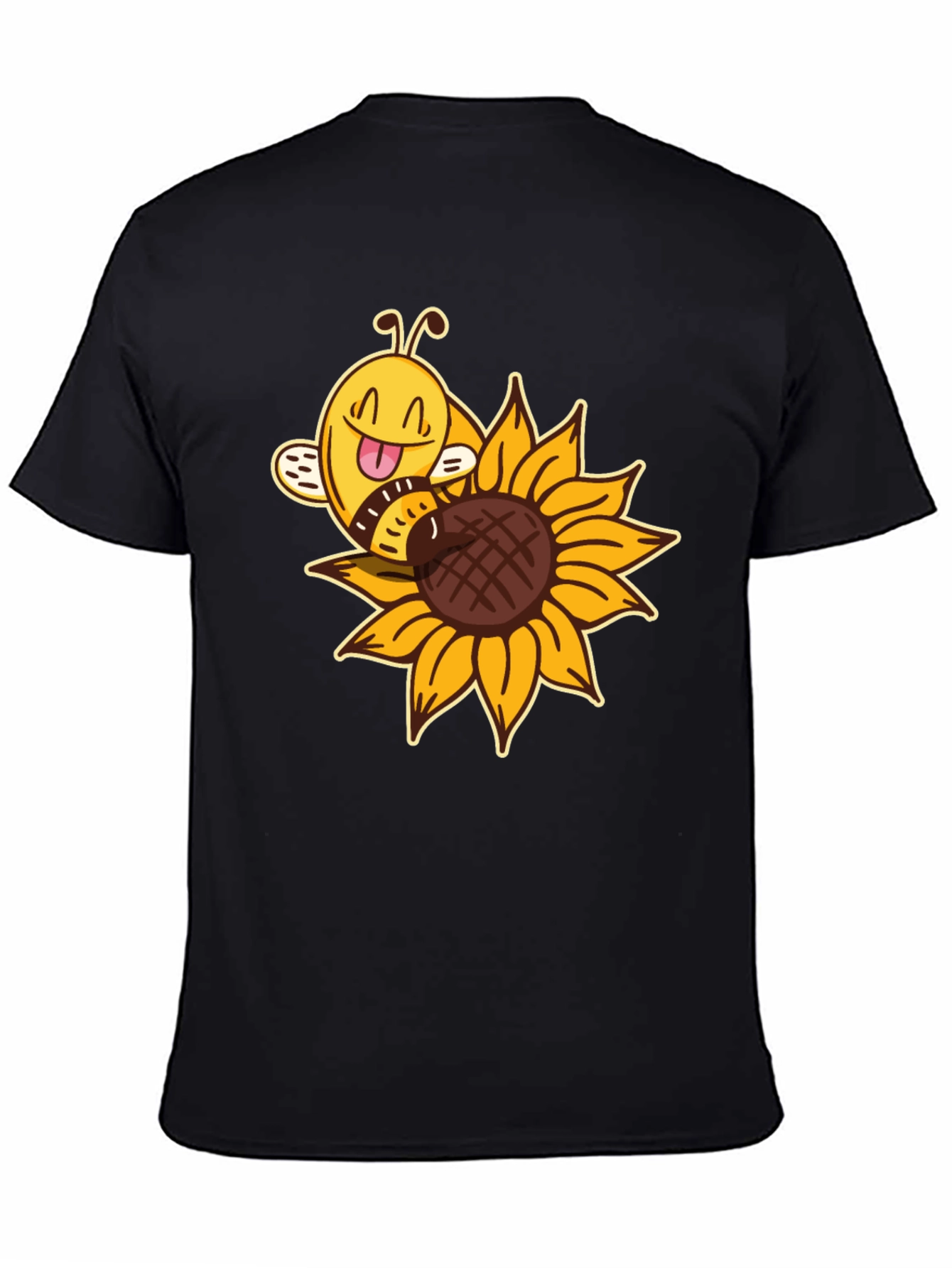 Black Cute Bee on Sunflower Black T-Shirt view 4