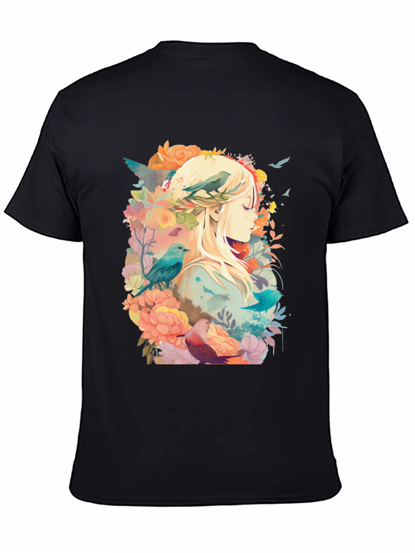Black Nature's Embrace Tee - Floral Bird Design view 4