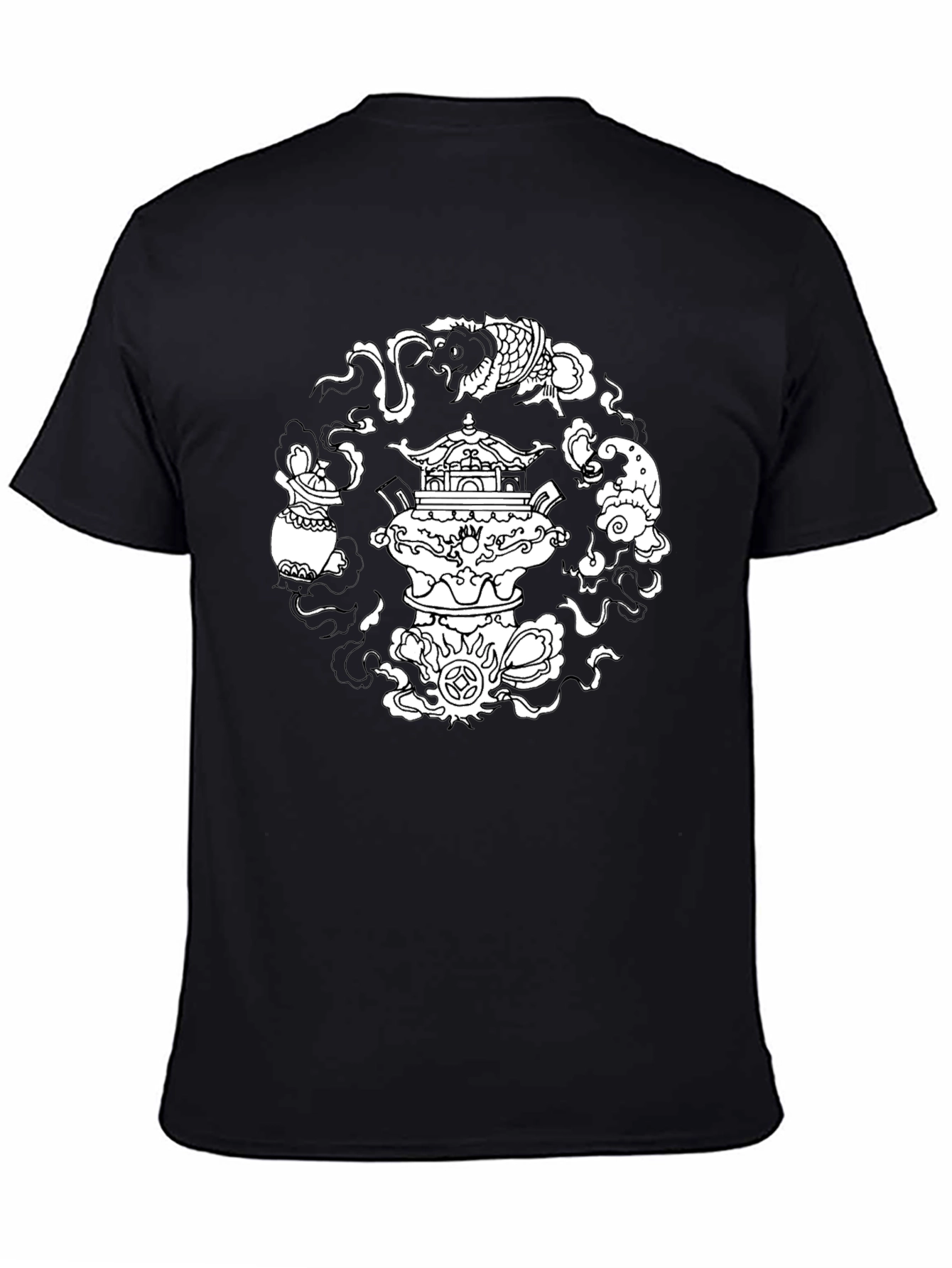 Black T-Shirt with Asian-Inspired White Graphic Design - 4