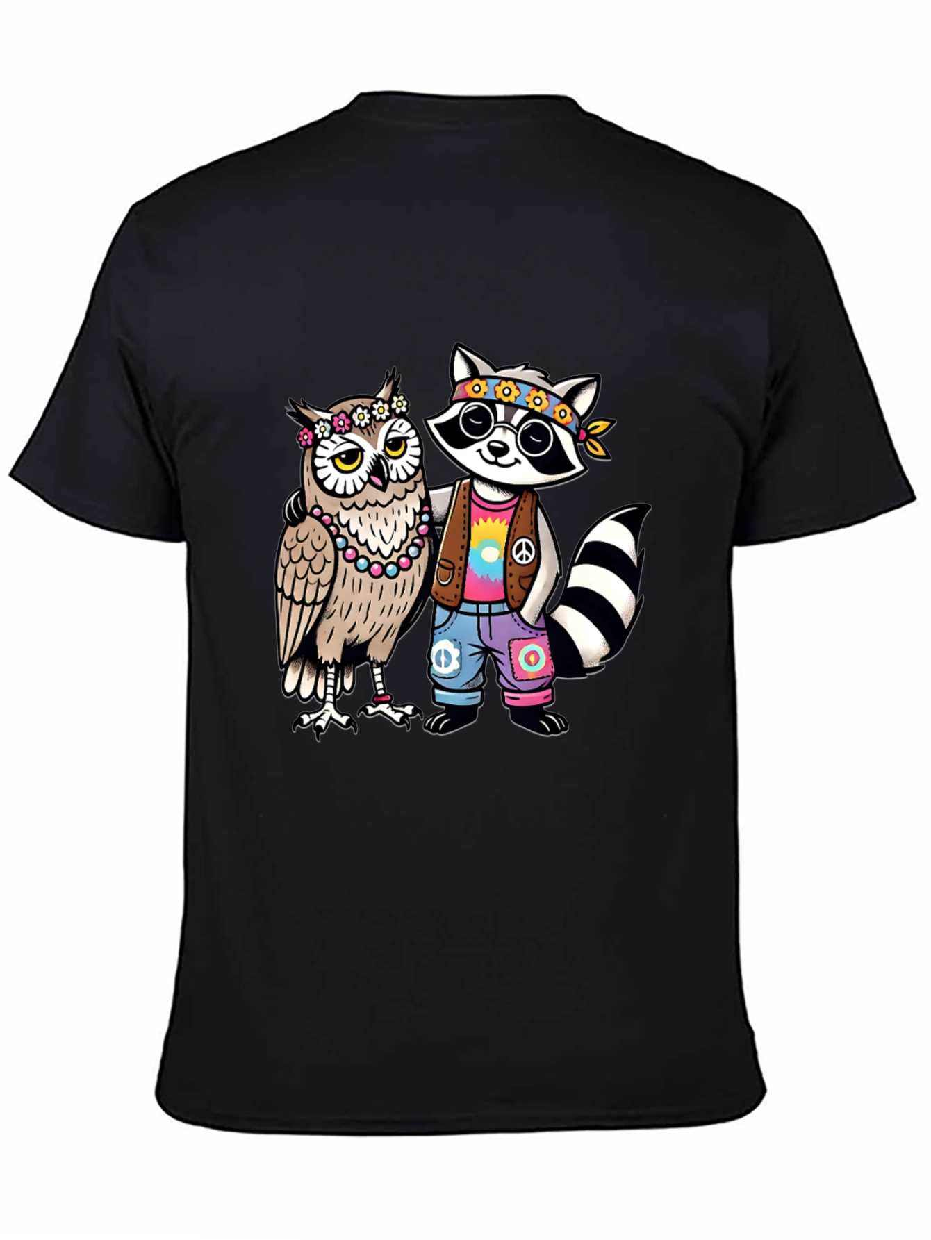 Hippie Owl & Raccoon Black T-Shirt - 4