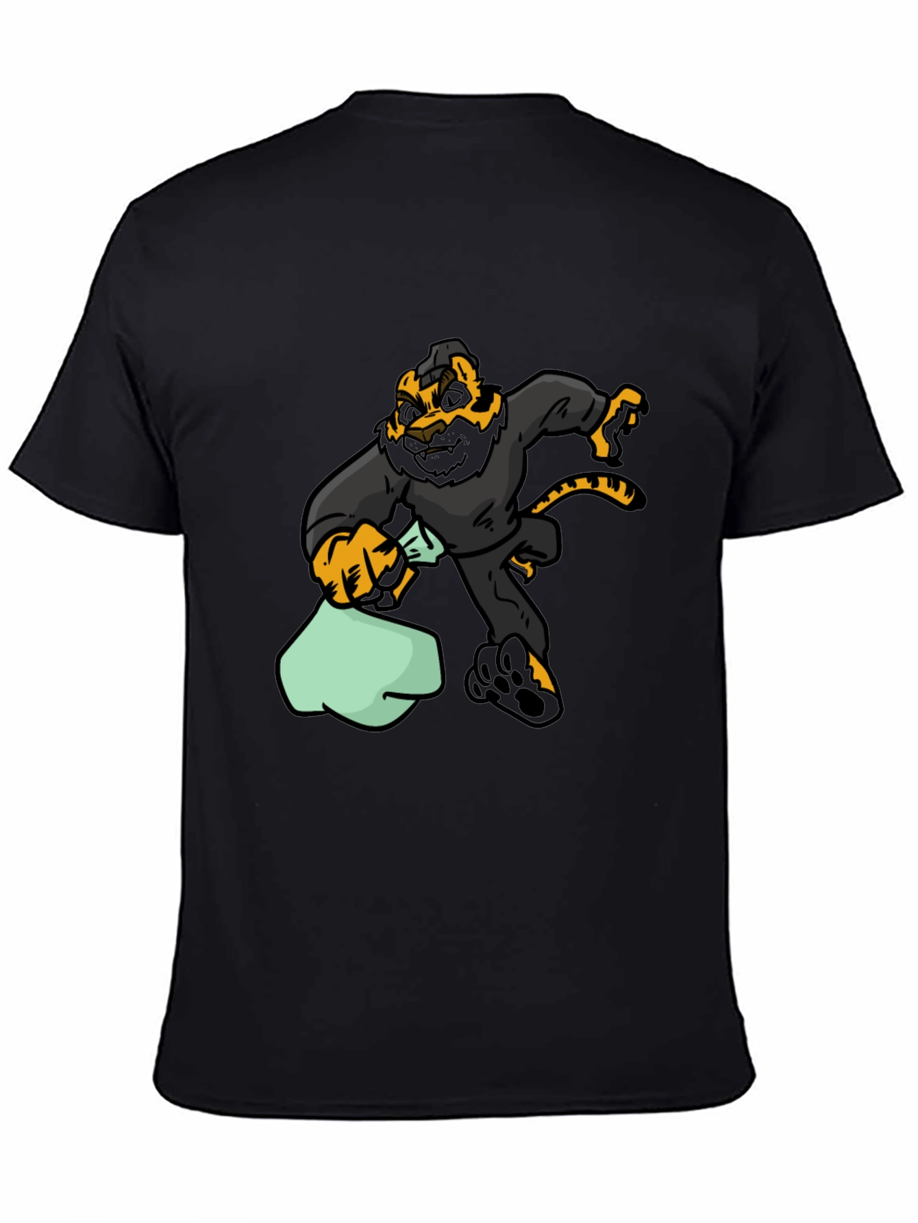 Black Cartoon Tiger Thief Graphic Tee - Black Cotton T-Shirt view 4