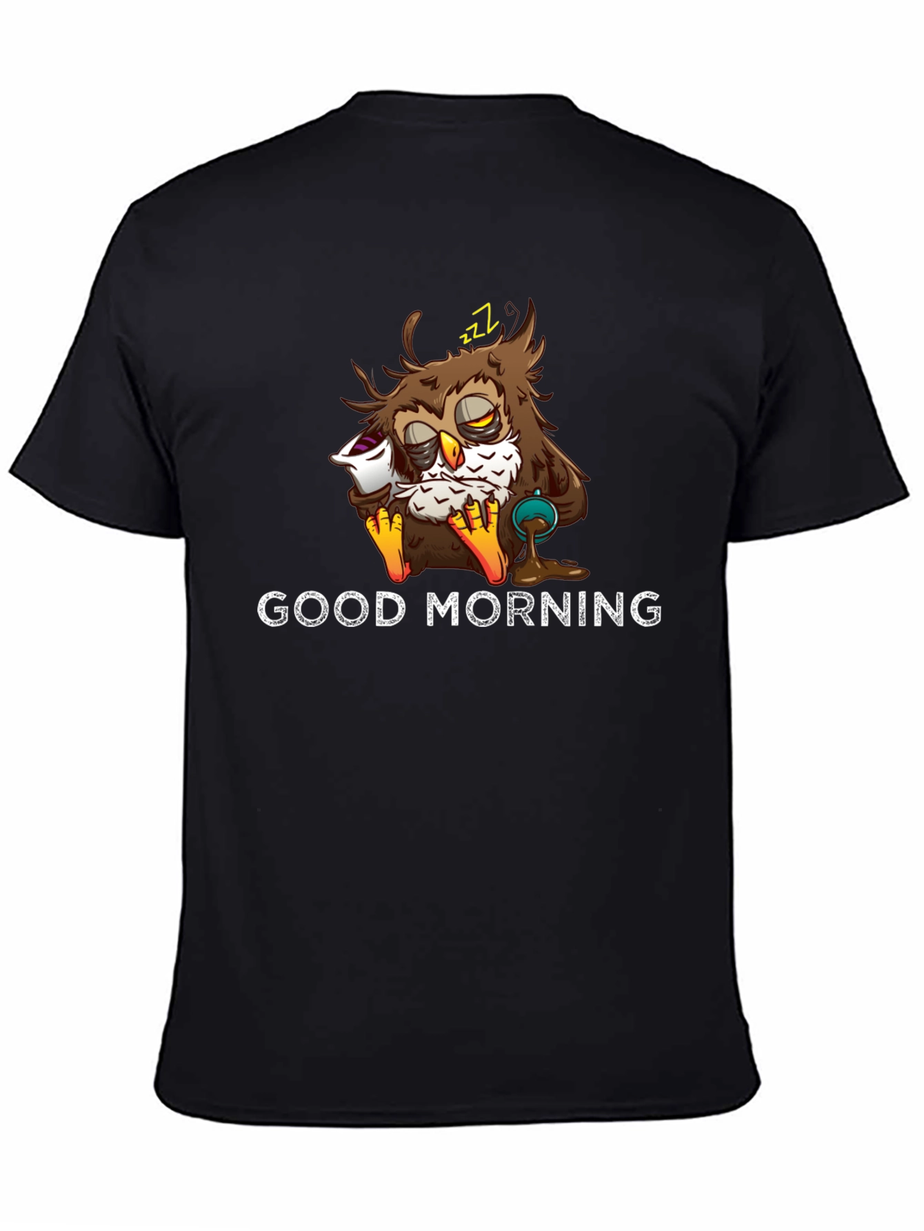 Black Good Morning Owl Graphic T-Shirt - Funny Sleepy Owl view 4
