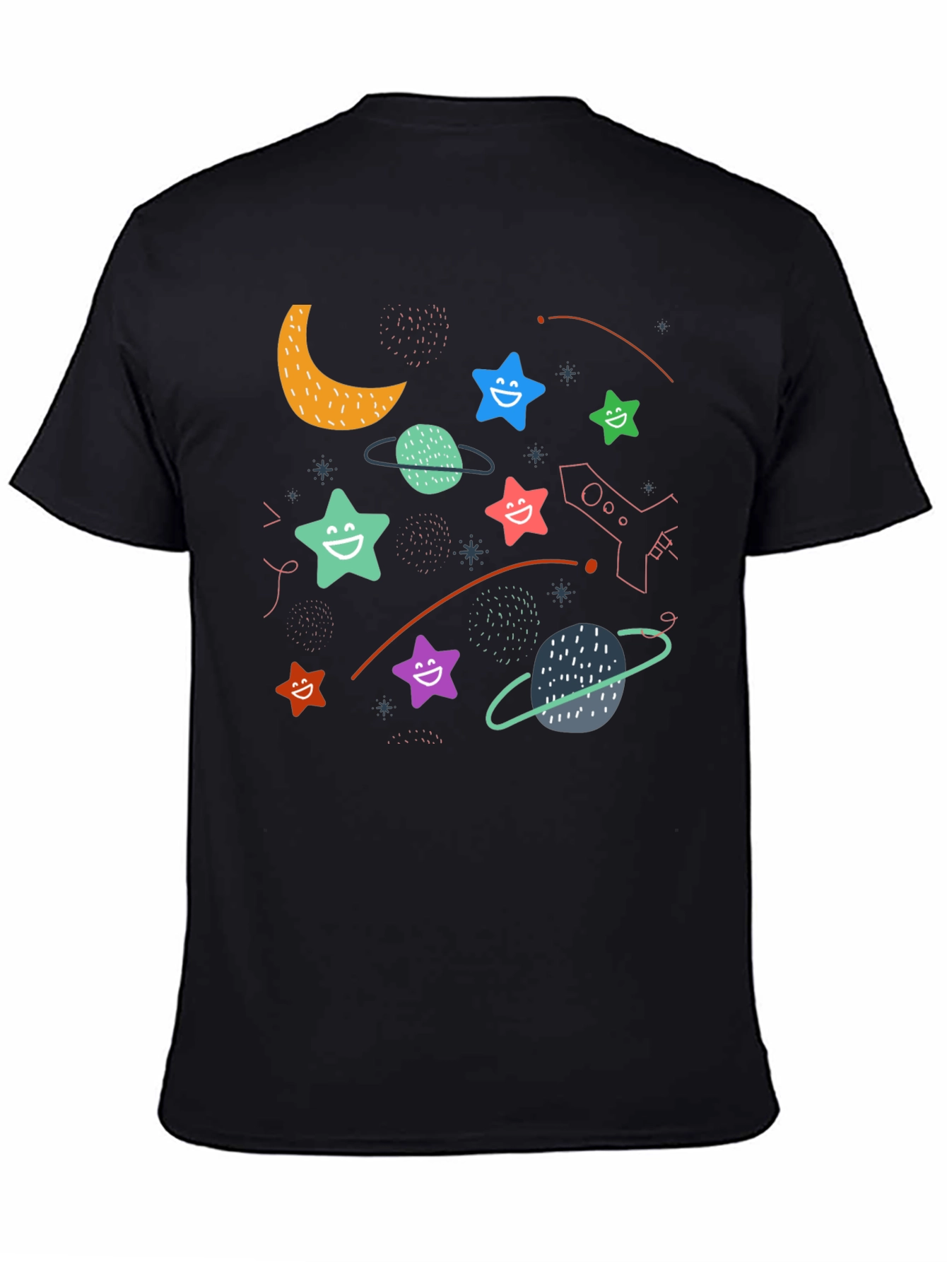 Black Cosmic Smiles Black T-Shirt: Stars, Planets, Rocket Fun! view 4