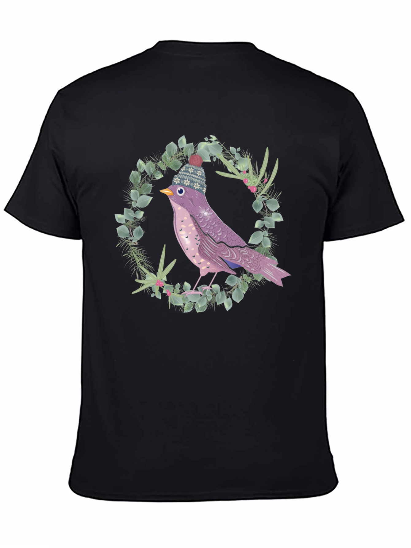 Black Whimsical Bird in Winter Hat T-Shirt view 4