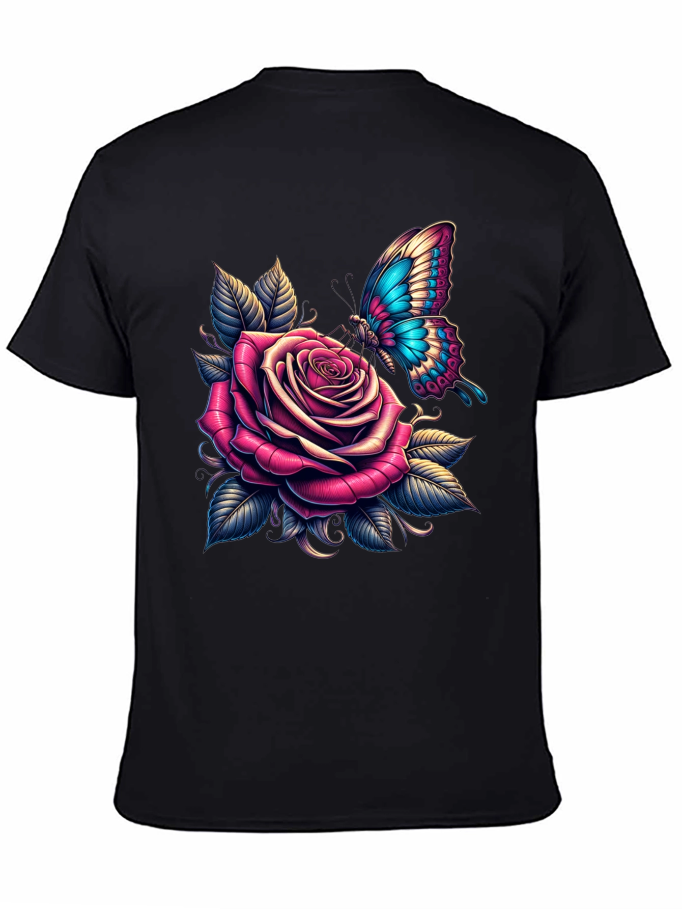 Black Rose & Butterfly Graphic Tee - Stylish Black T-Shirt view 4