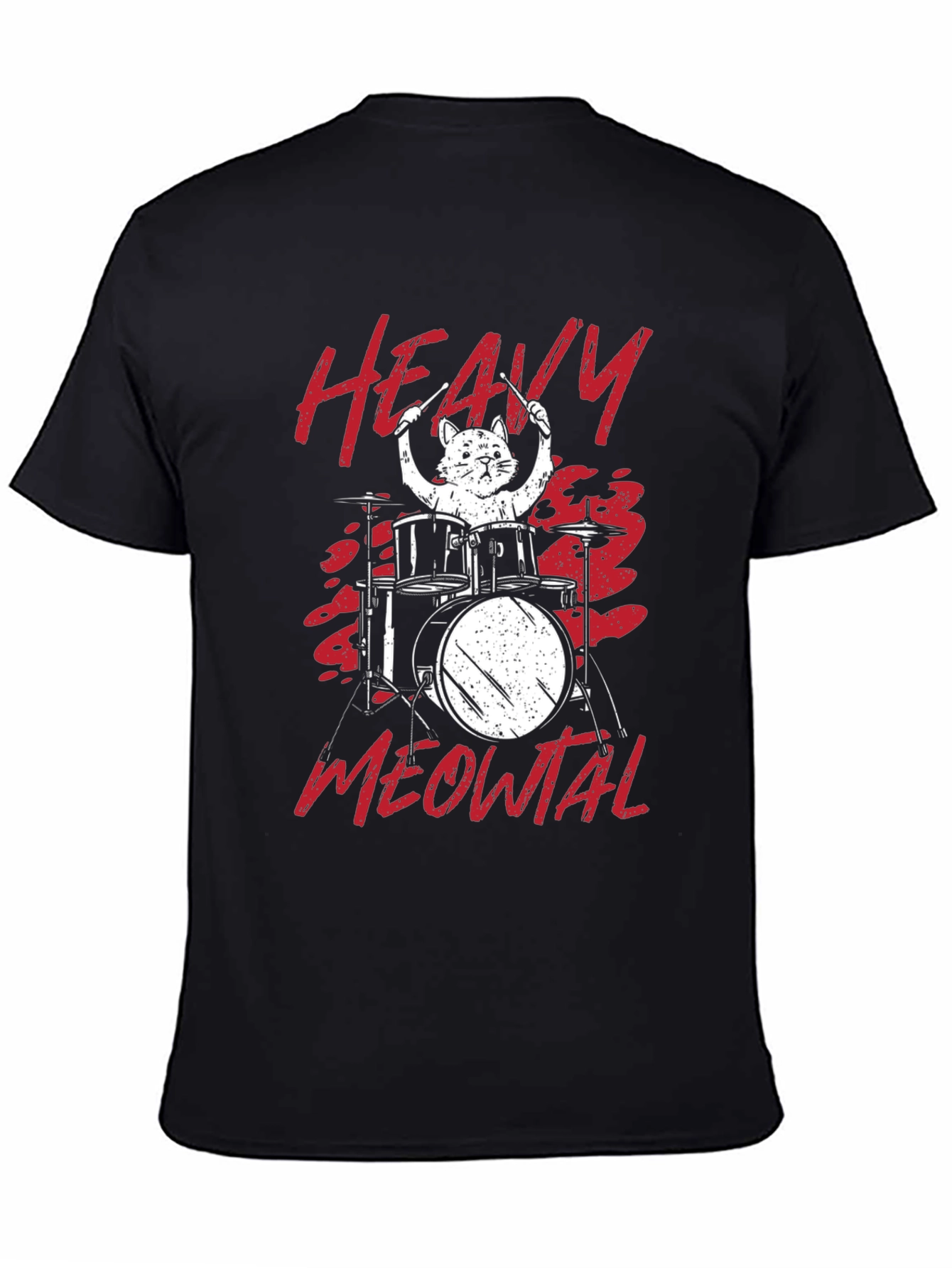 Black Heavy Meowtal Cat Drummer T-Shirt view 4