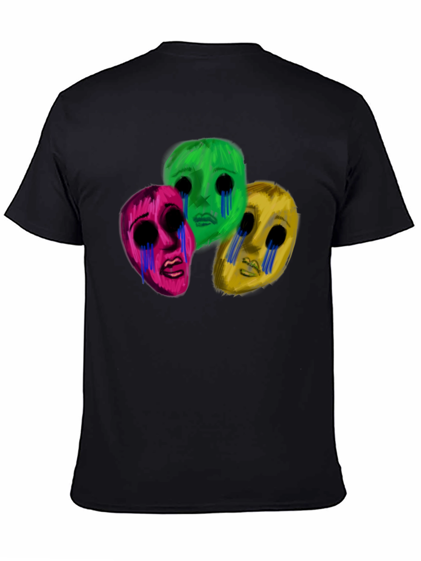 Black Men's Black T-Shirt with Three Crying Faces view 4