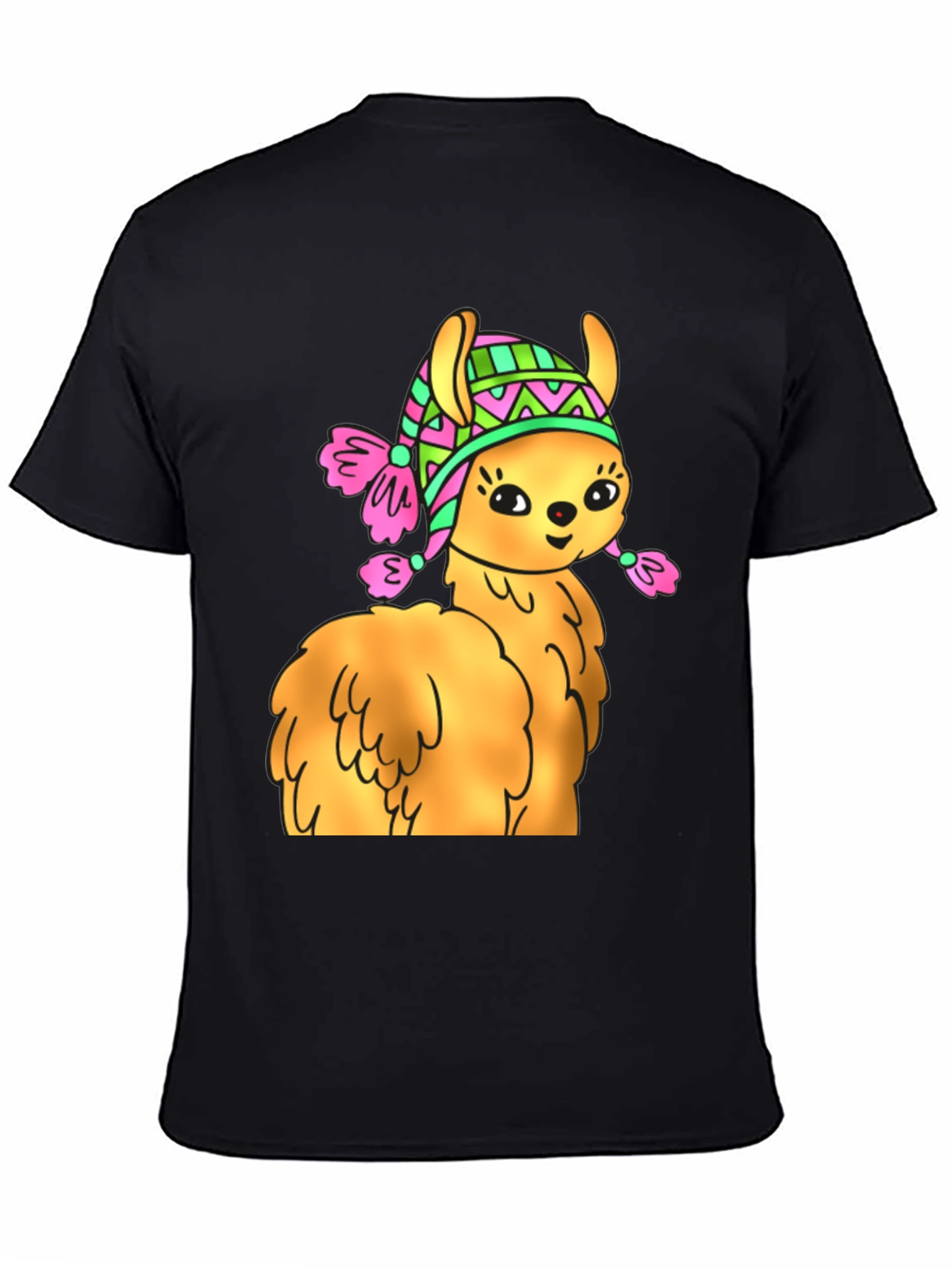 Black Cute Llama Wearing Hat T-Shirt view 4
