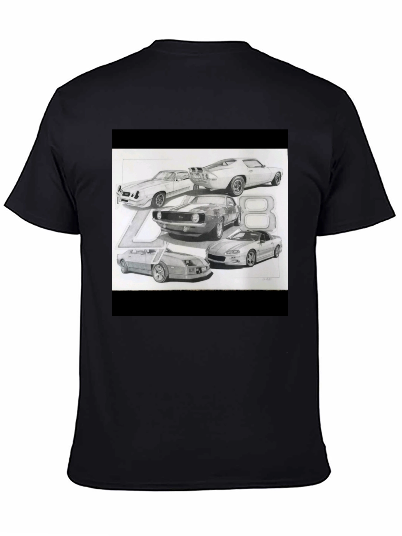 Black Classic Car Sketch Black Tee view 4