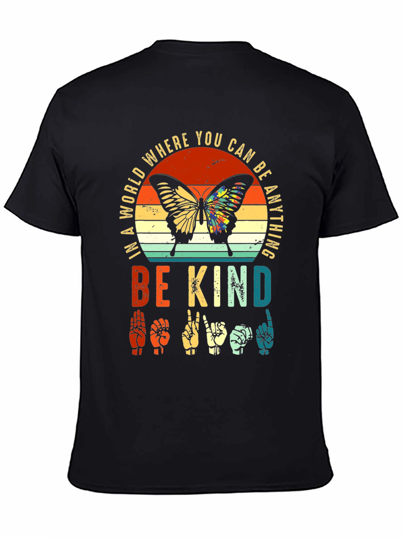 Black Be Kind Sign Language Butterfly T-Shirt view 4