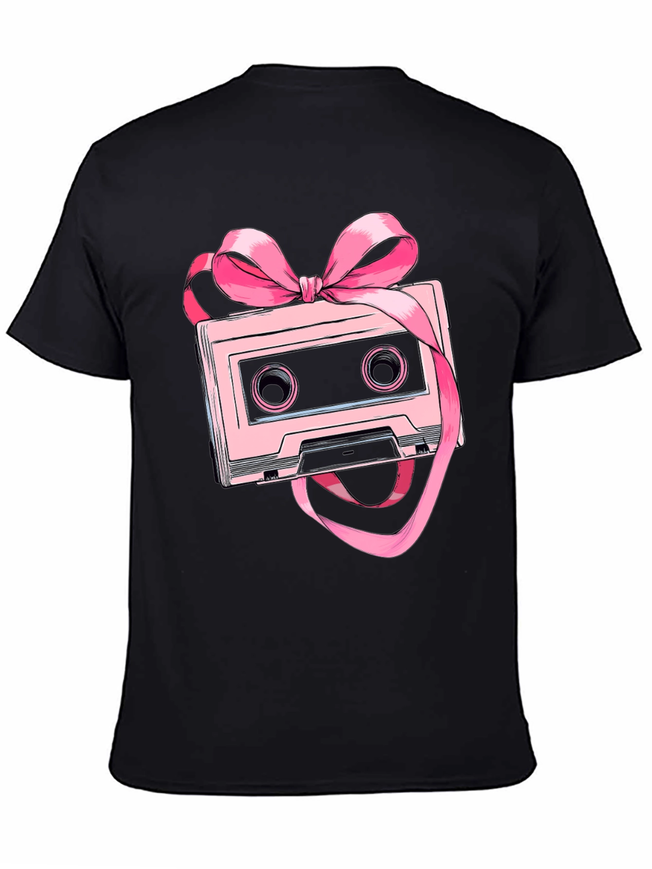 Black Retro Cassette Tape Pink Bow T-Shirt view 4