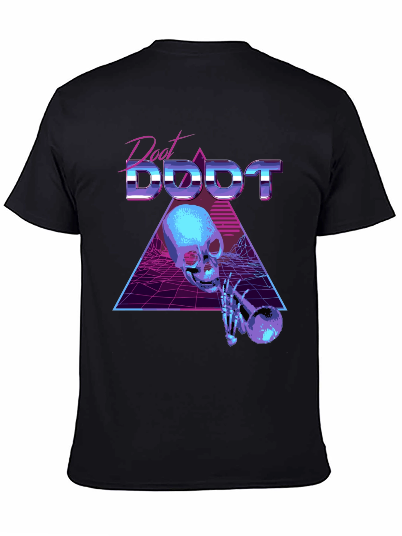 Black Synthwave Skeleton Trumpet Graphic Tee view 4