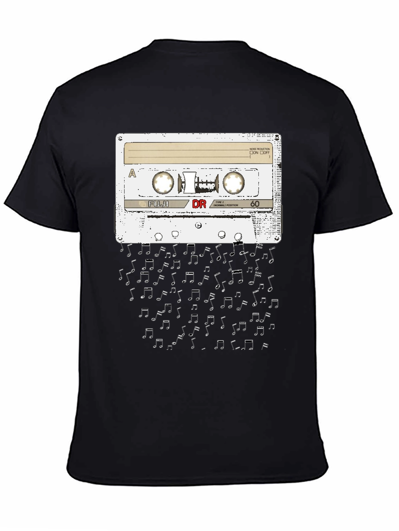 Black Retro Cassette Tape Music Notes Graphic T-Shirt view 4