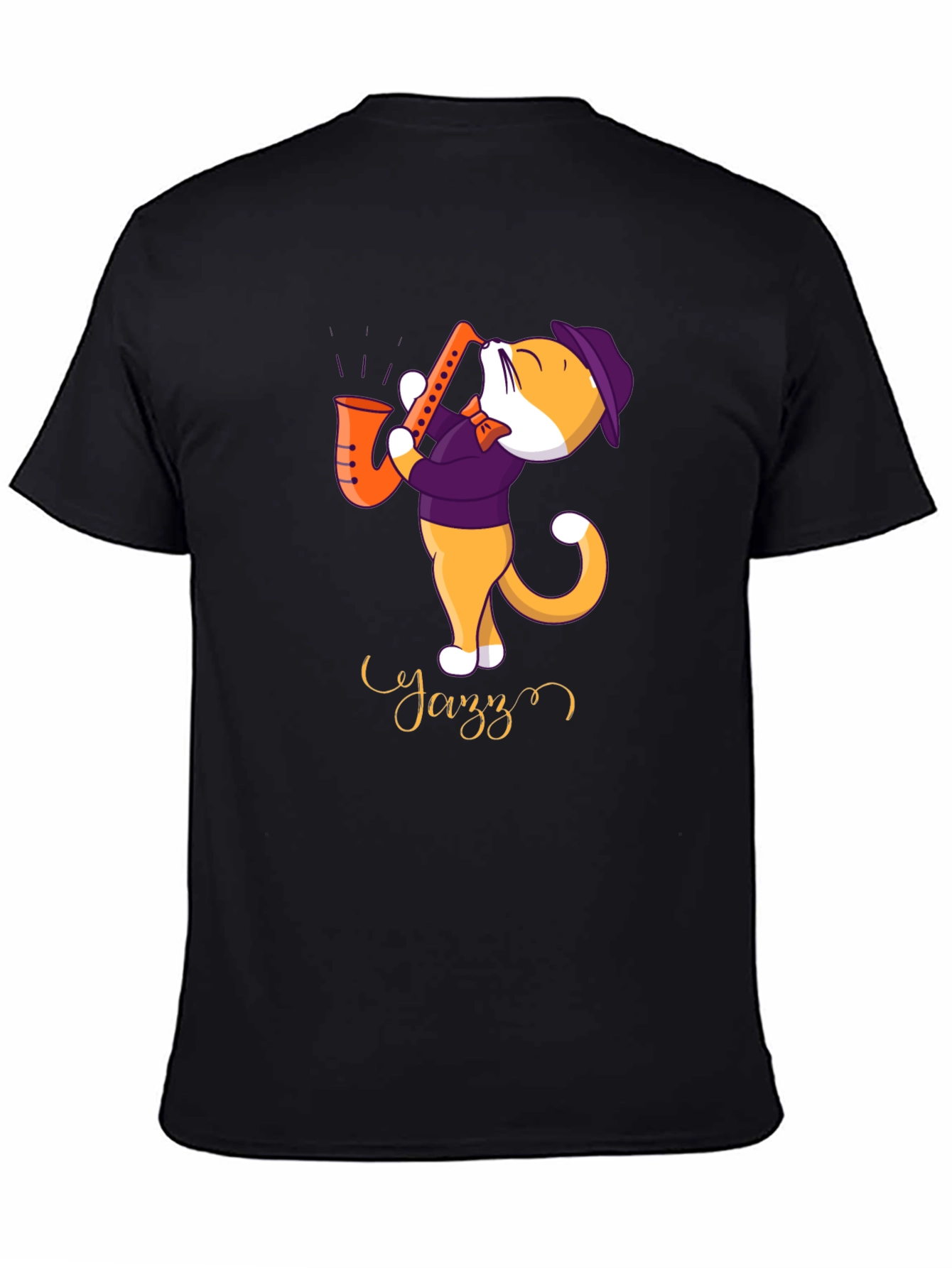 Black Jazz Cat T-Shirt - Cool Cat Playing Saxophone view 4