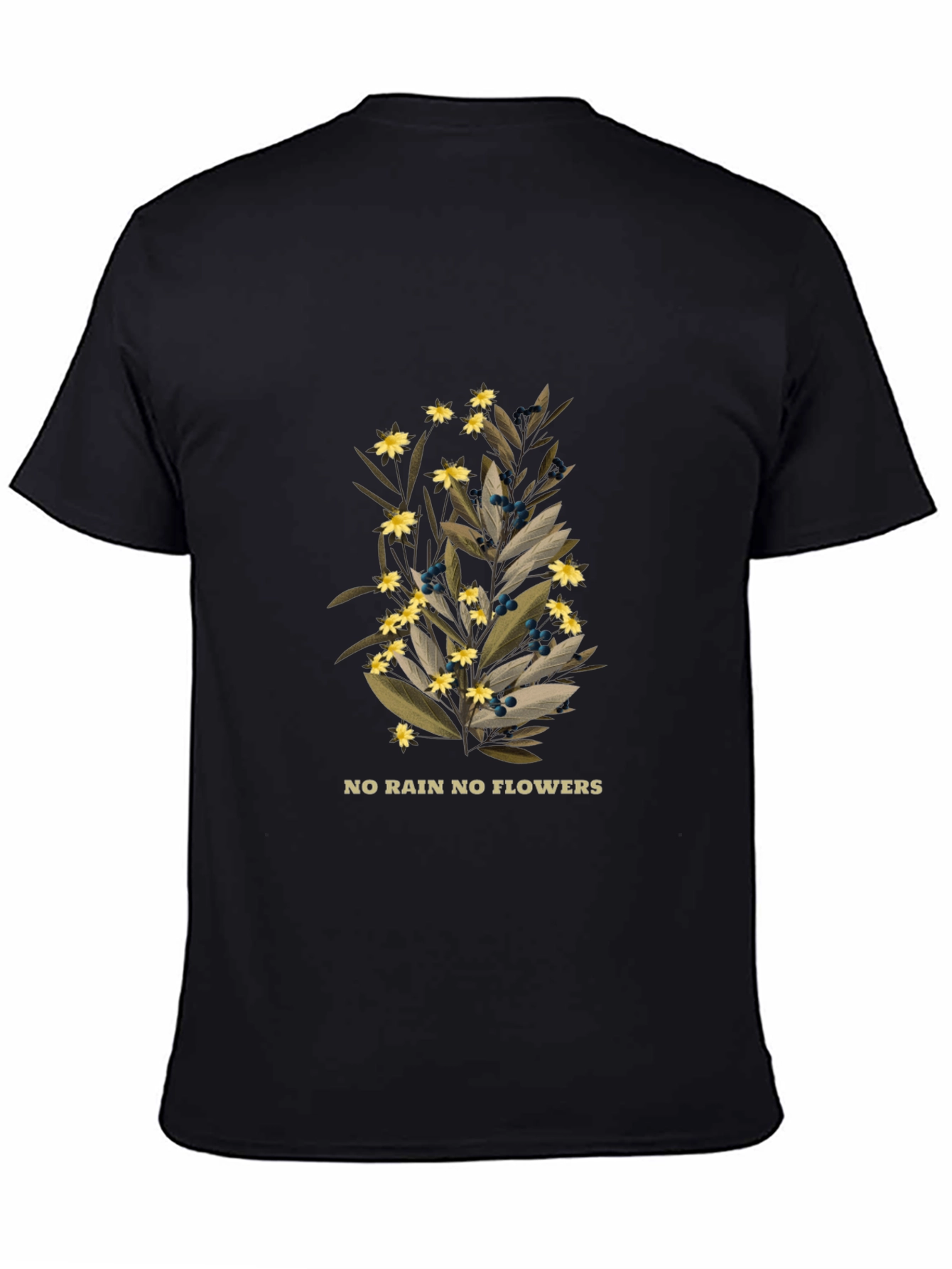 Black Botanical Black T-Shirt - No Rain No Flowers Graphic view 4
